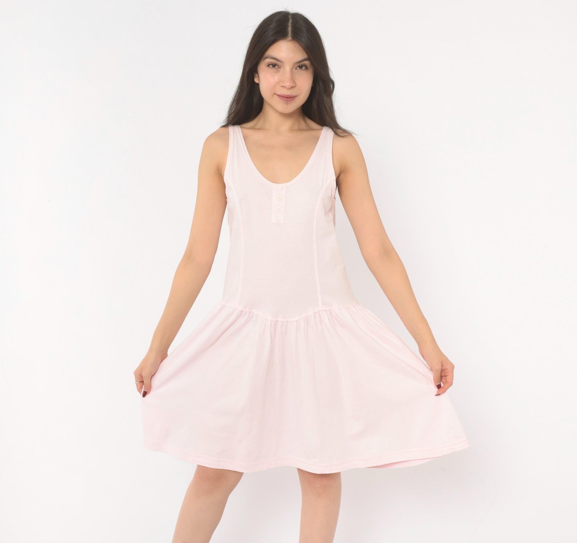90s Cest Joti Blush Cotton Sundress Drop Waist Henley Neckline Small