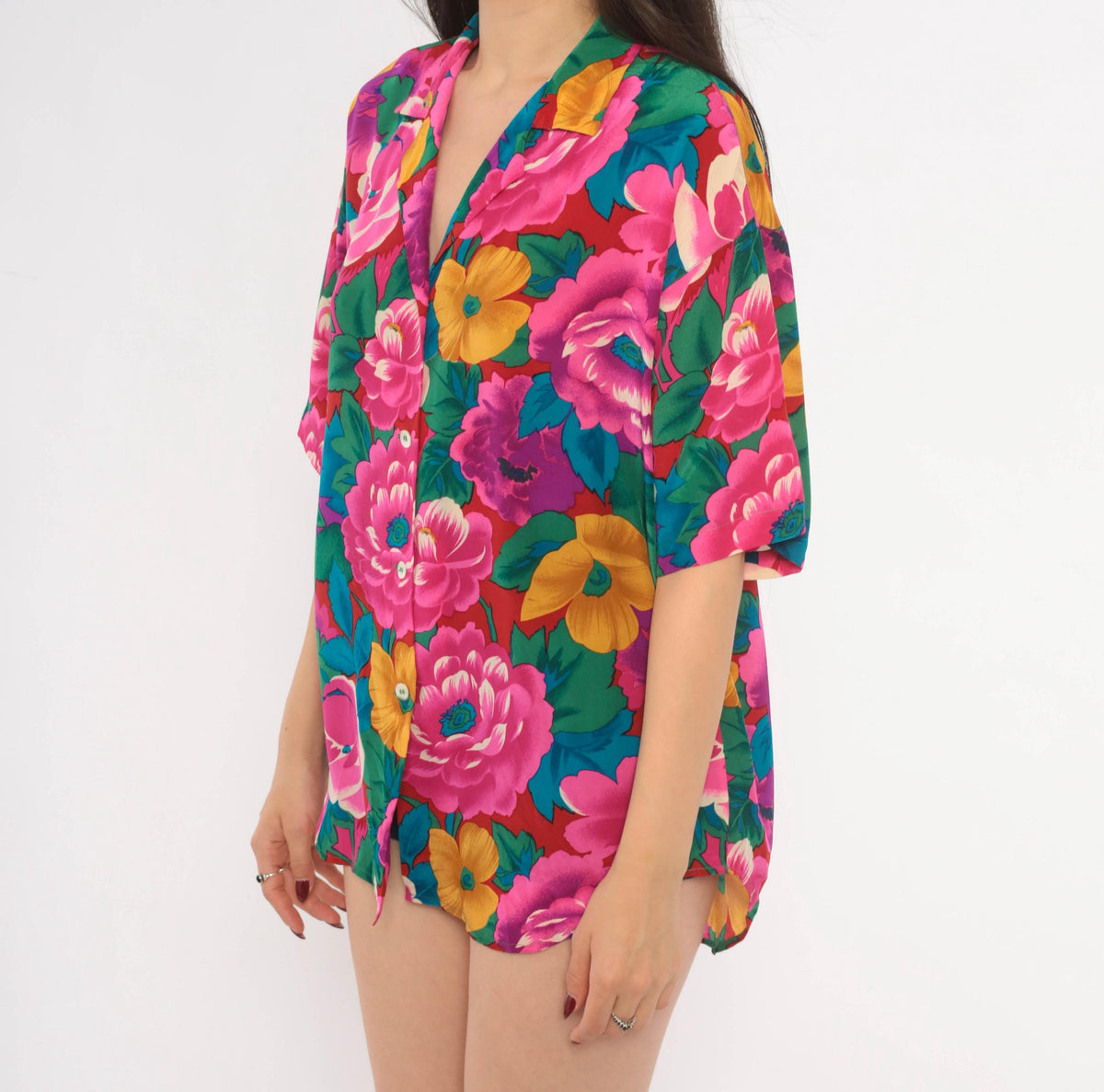 90s Heléne Sidel Silk Camp Collar Shirt Floral Fuchsia Small