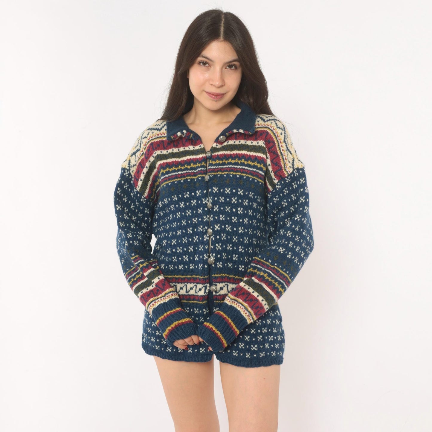 90s Husfliden Norwegian Fair Isle Wool Cardigan Navy Cream Burgundy Medium M