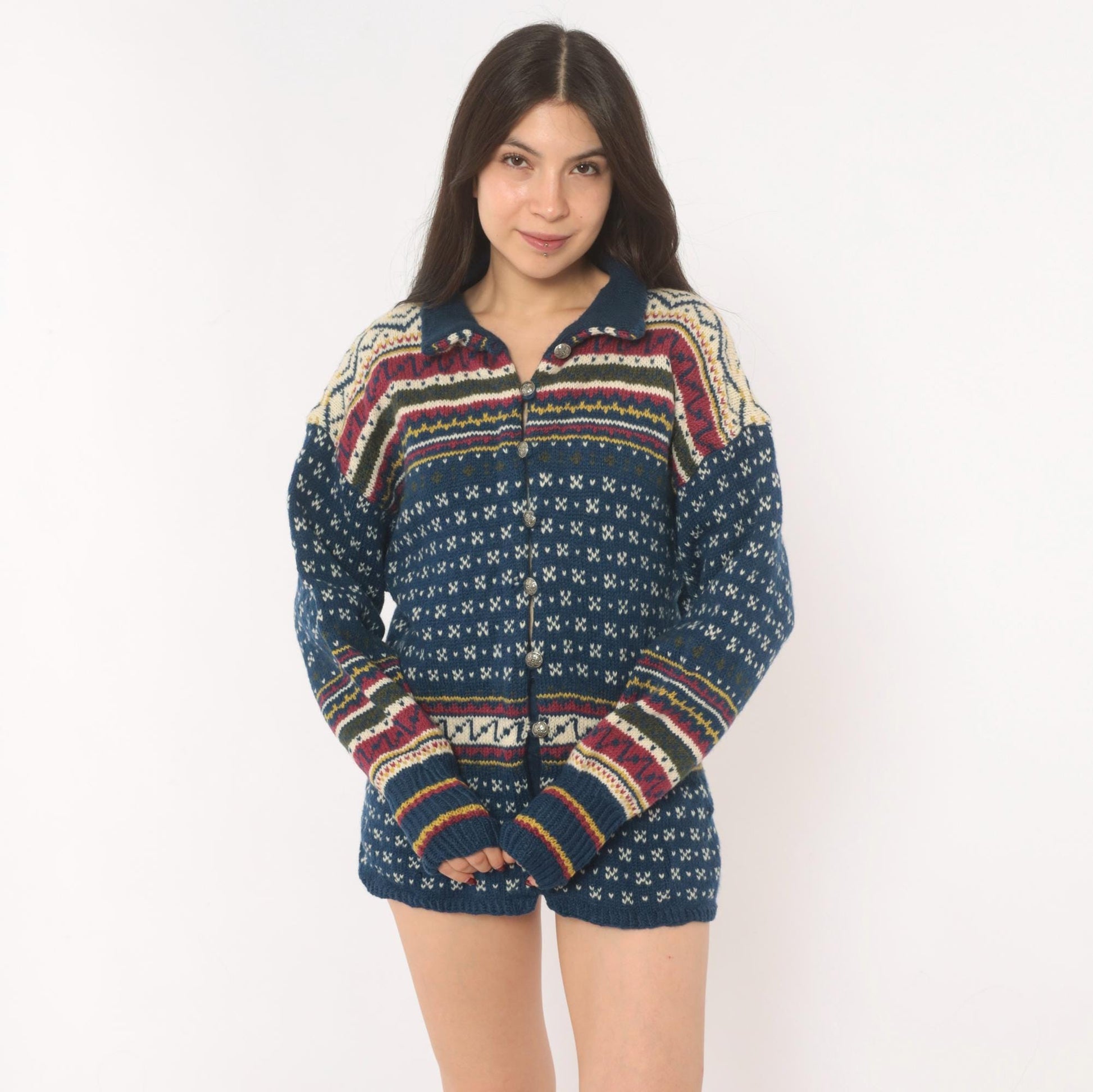 90s Husfliden Norwegian Fair Isle Wool Cardigan Navy Cream Burgundy Medium M