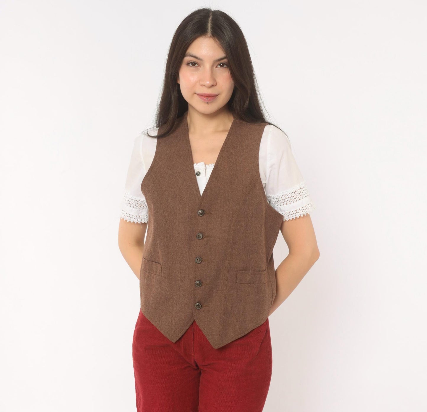 70s Angels Flight Wool Herringbone Vest Brown V-Neck Button Front Small S