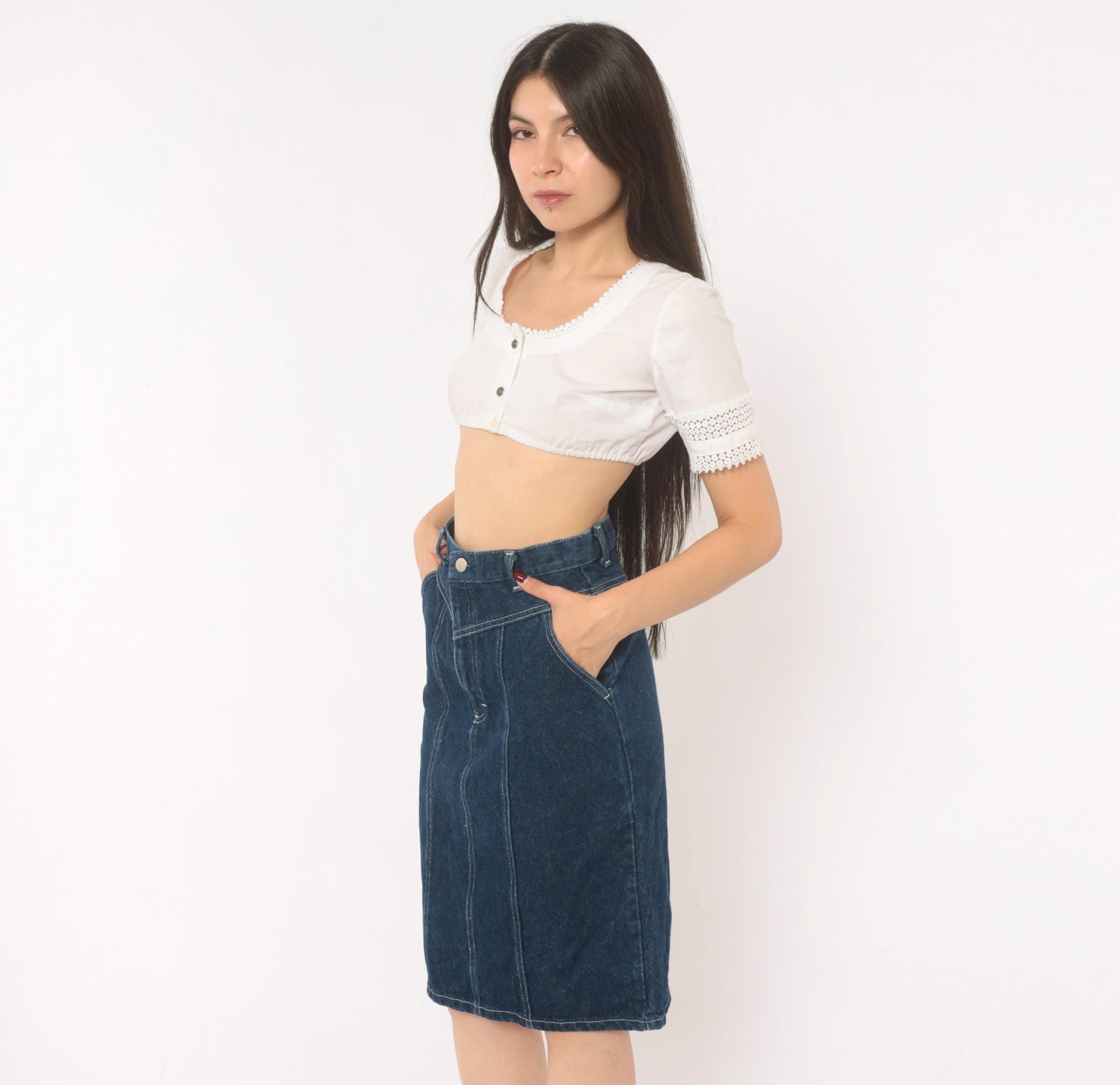 80s Cheryl Tiegs Denim Pencil Skirt High Waist Dark Wash Western Yoke Small S