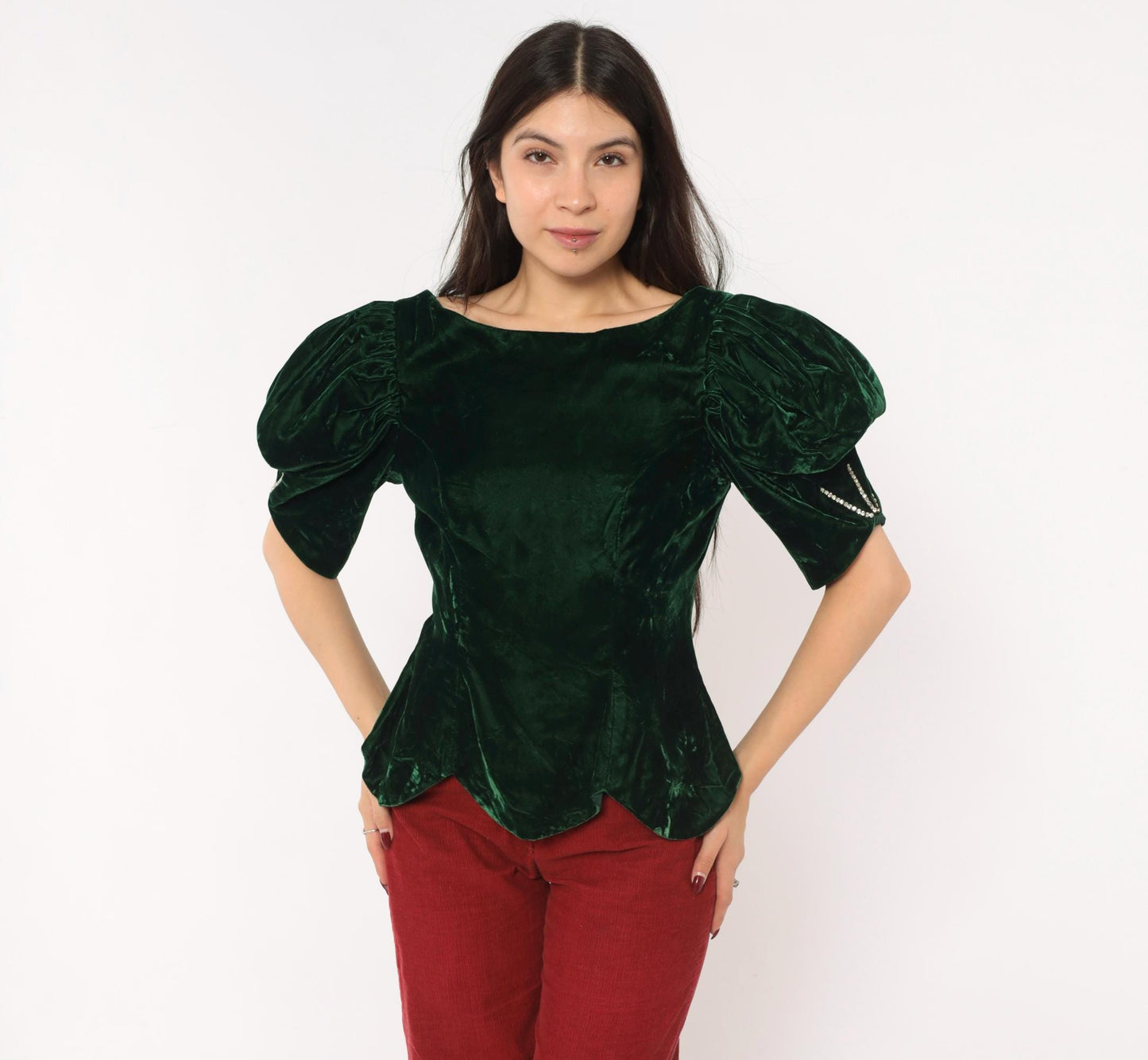 80s Emerald Velvet Puff Sleeve Blouse Forest Green Bow Back Rhinestone Medium