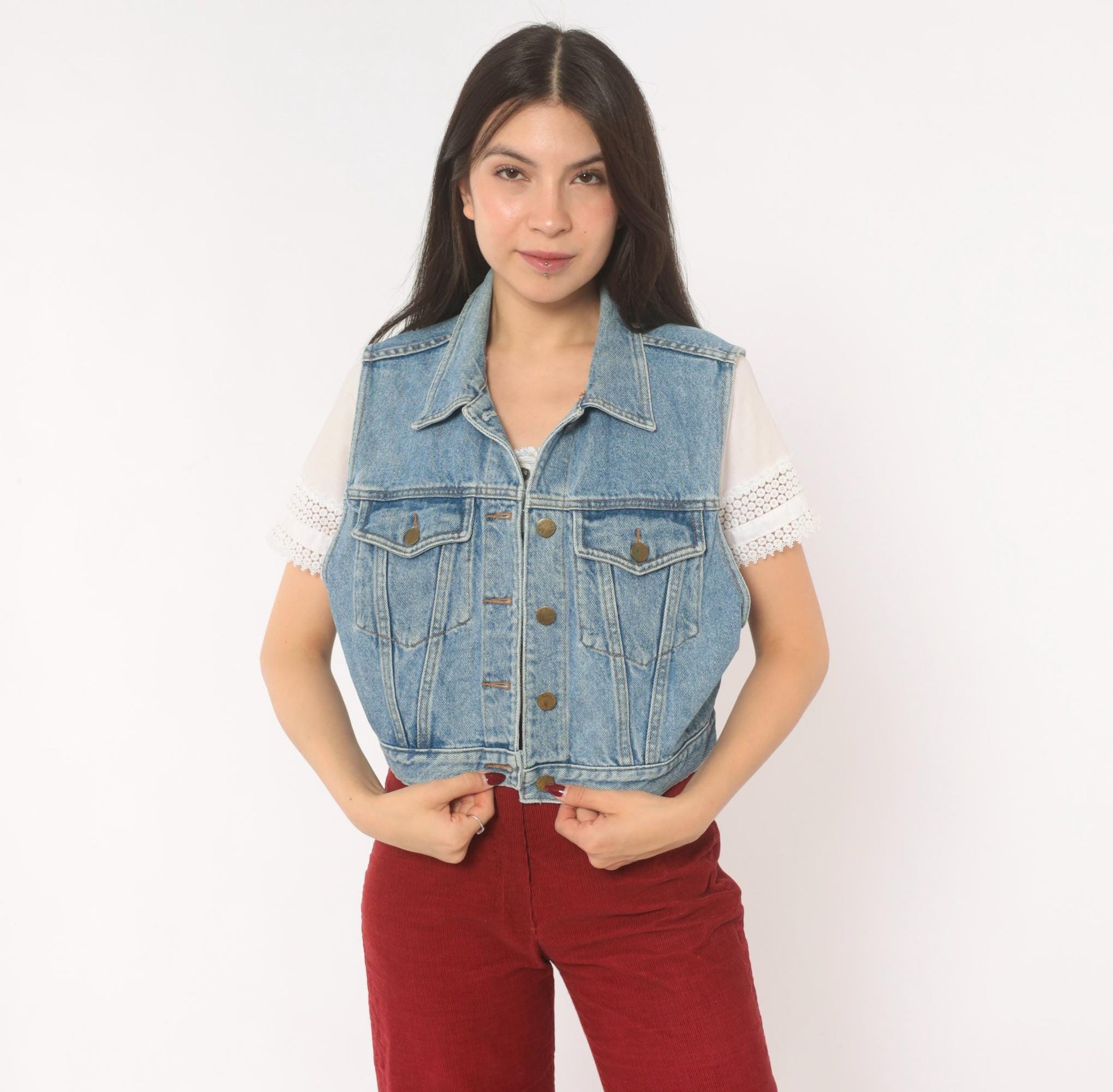 90s Karen Kane Light Blue Denim Vest Cropped Button Front Small S