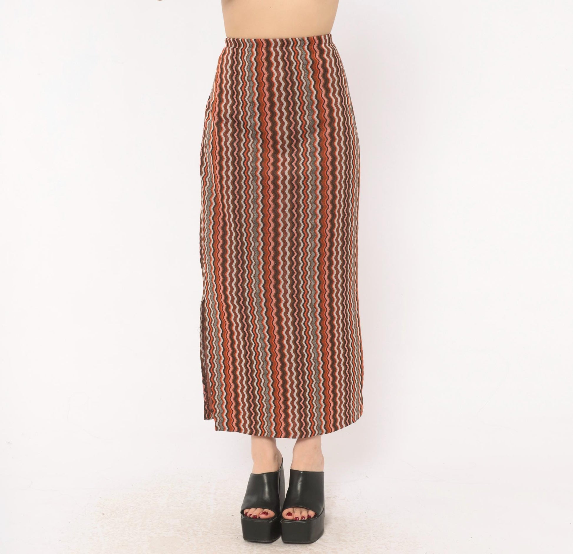 70s Orange Brown Zigzag Knit Maxi Skirt Chevron Stripe Elastic Waist Large