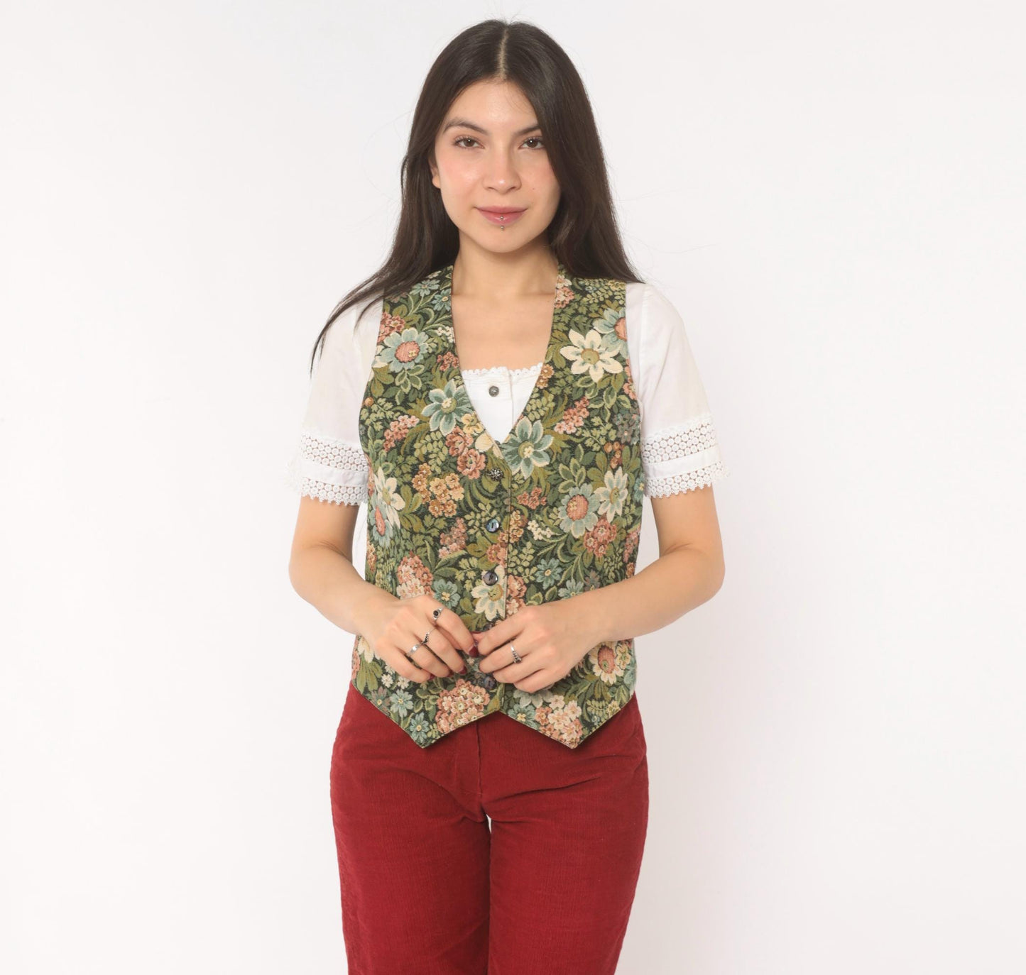 90s Di Di Scott Floral Tapestry Vest Button Front V Neck Olive Green Pink Small