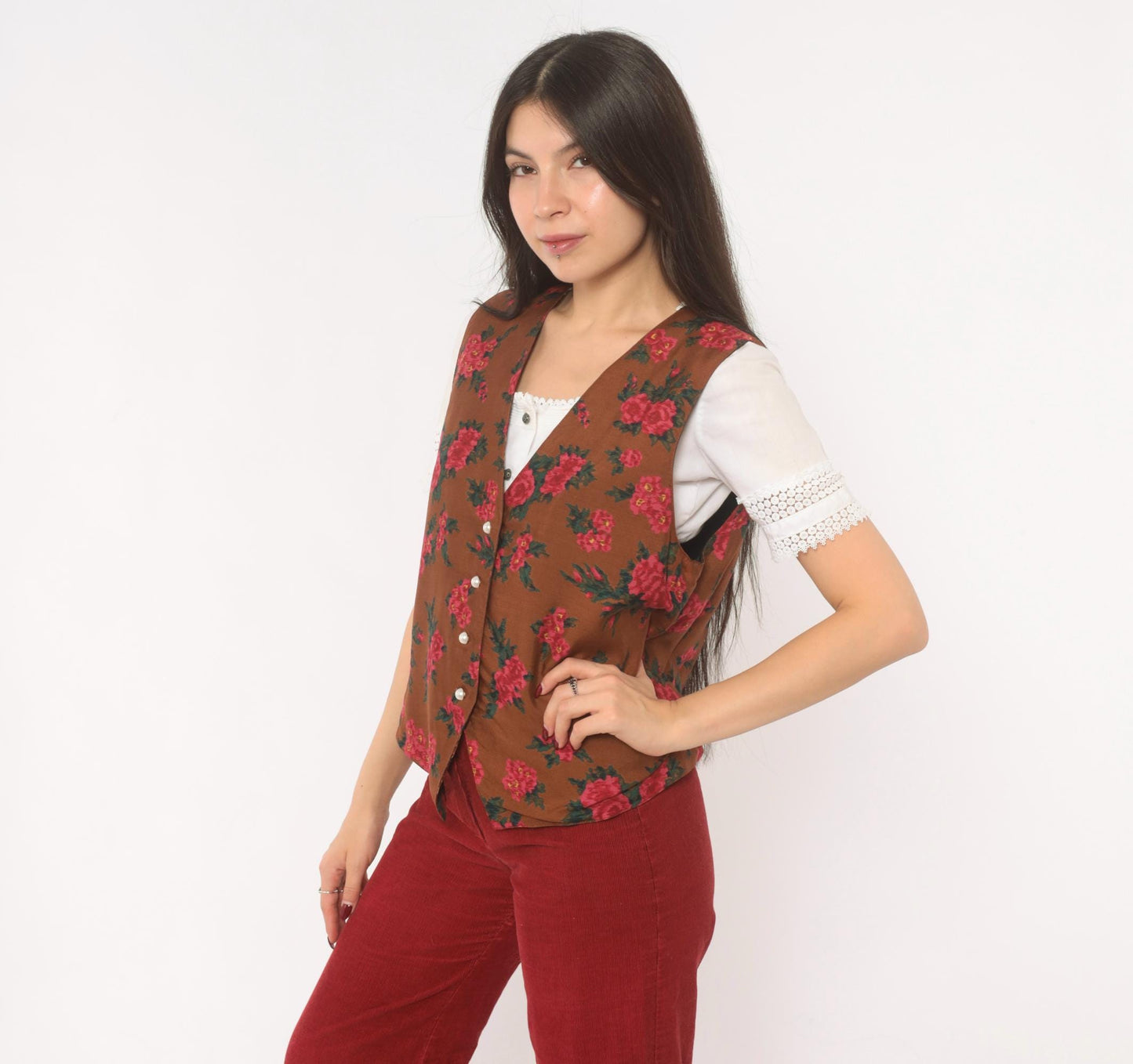 90s Karen Scott Floral Vest Brown Pink Rose Button Front Tie Back Small