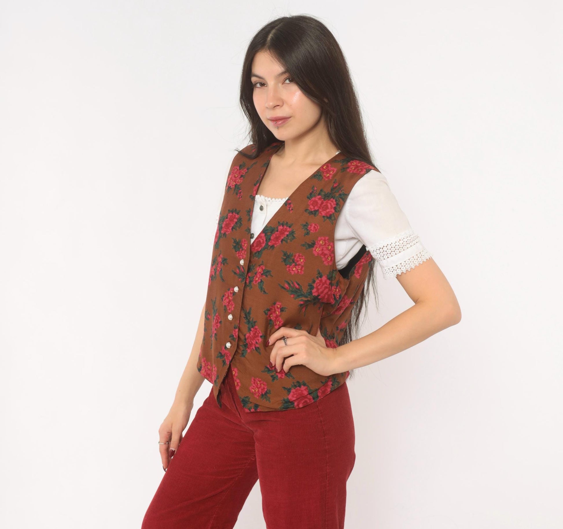 90s Karen Scott Floral Vest Brown Pink Rose Button Front Tie Back Small