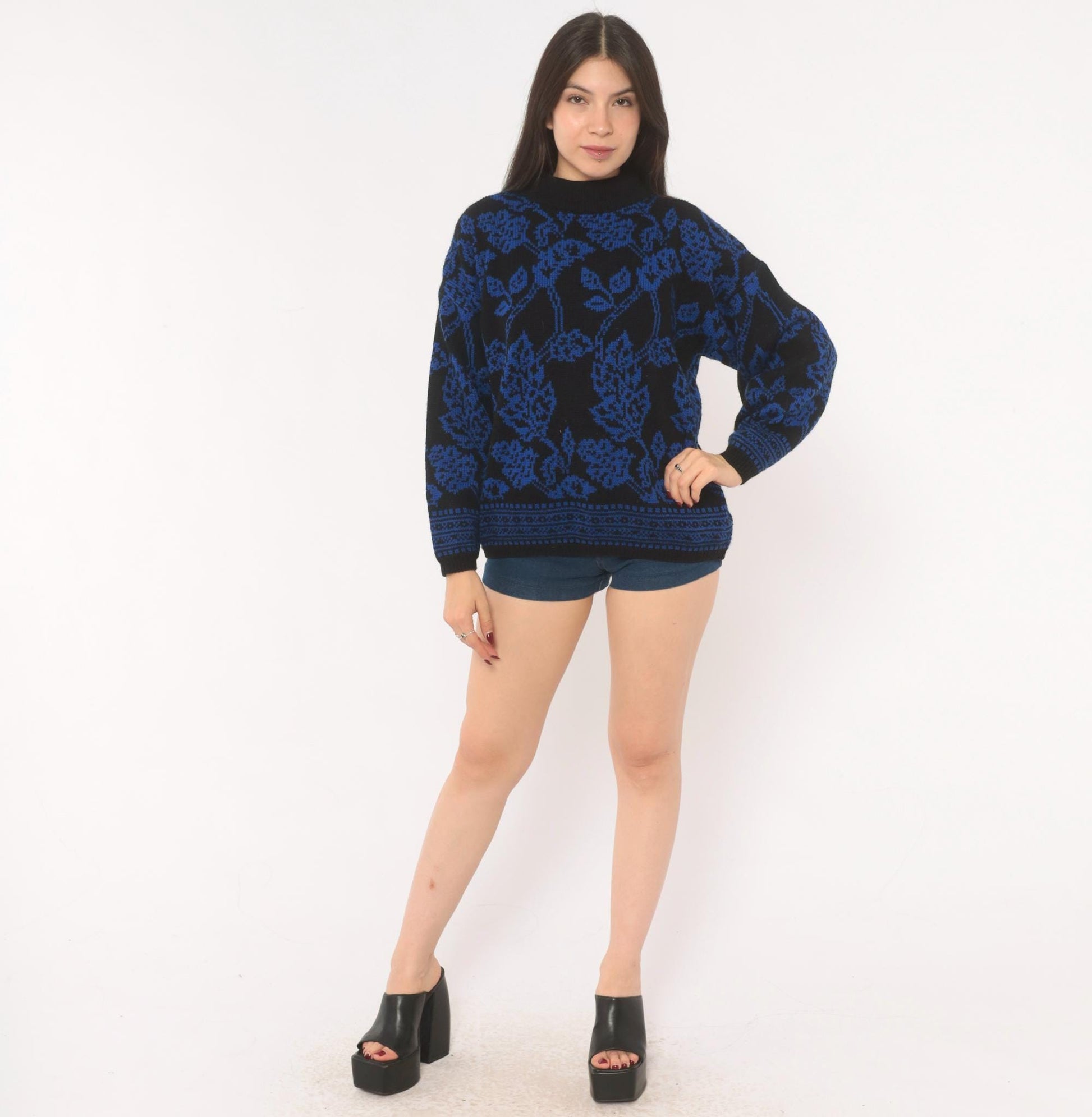 80s Jamie Scott Floral Knit Sweater Black Blue Rose Jacquard Medium