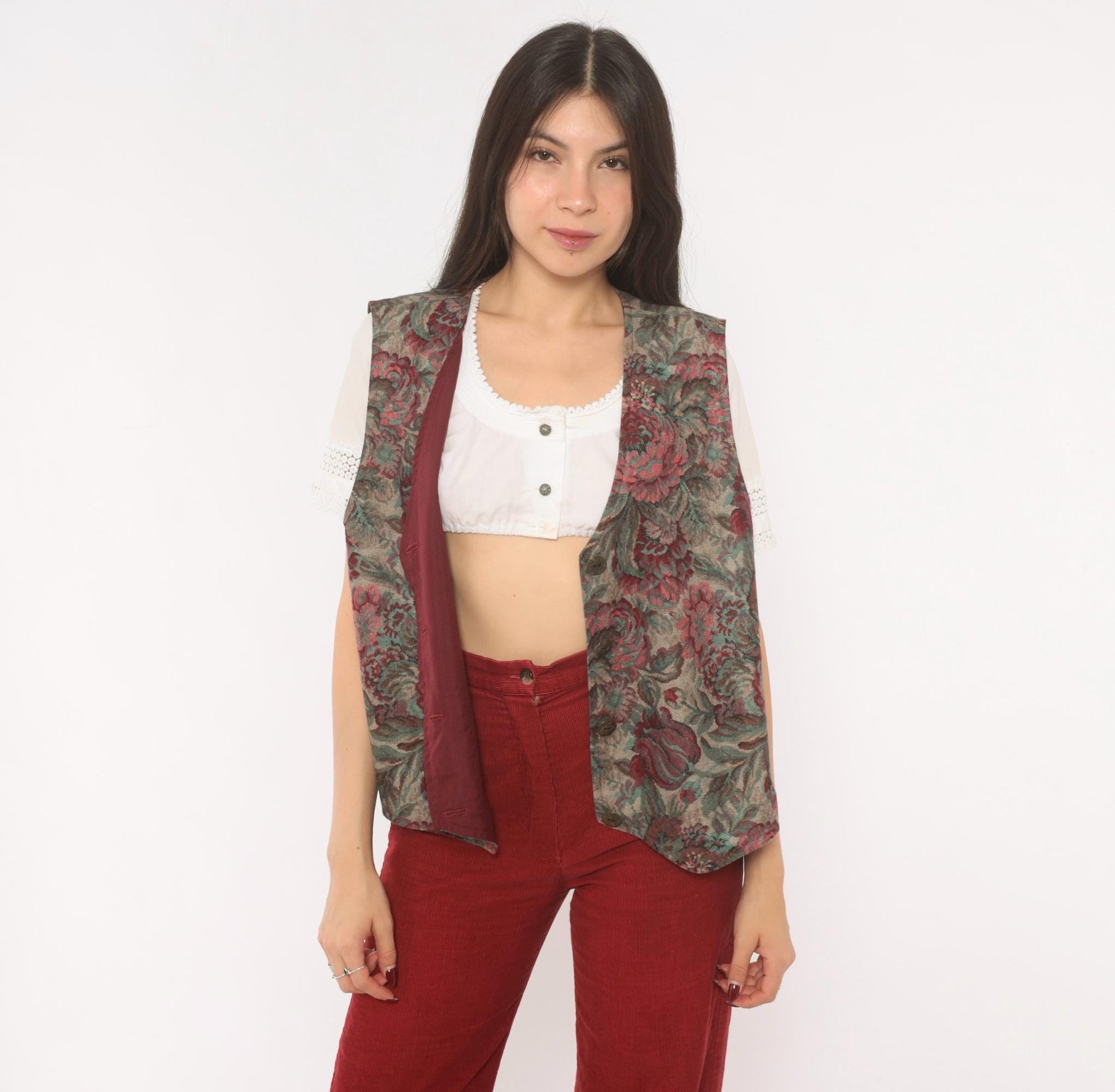 90s Floral Tapestry Vest Burgundy Teal Rose Jacquard Button Front Large L