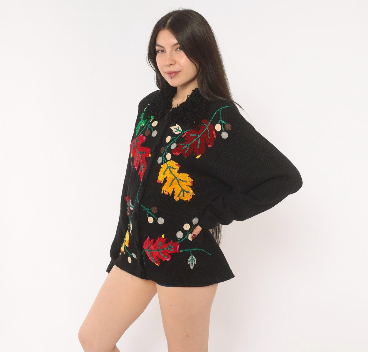 90s Victoria Harbour Black Cardigan Embroidered Autumn Leaves Large L