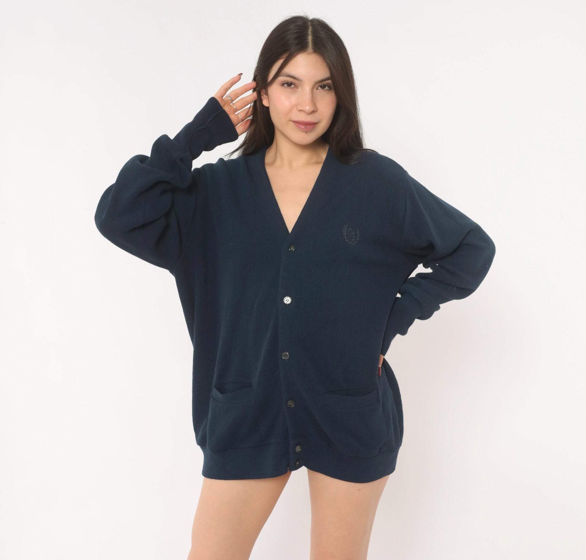 Geoffrey Beene Navy Cardigan V-Neck Button Front Knit Sweater Medium M