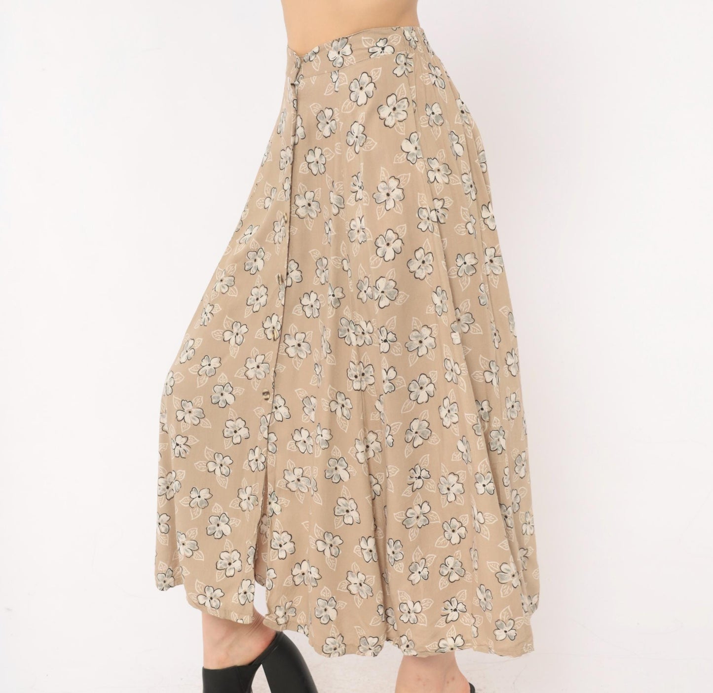 90s Tan Floral Maxi Skirt A-Line Button Front Elastic Waist Medium