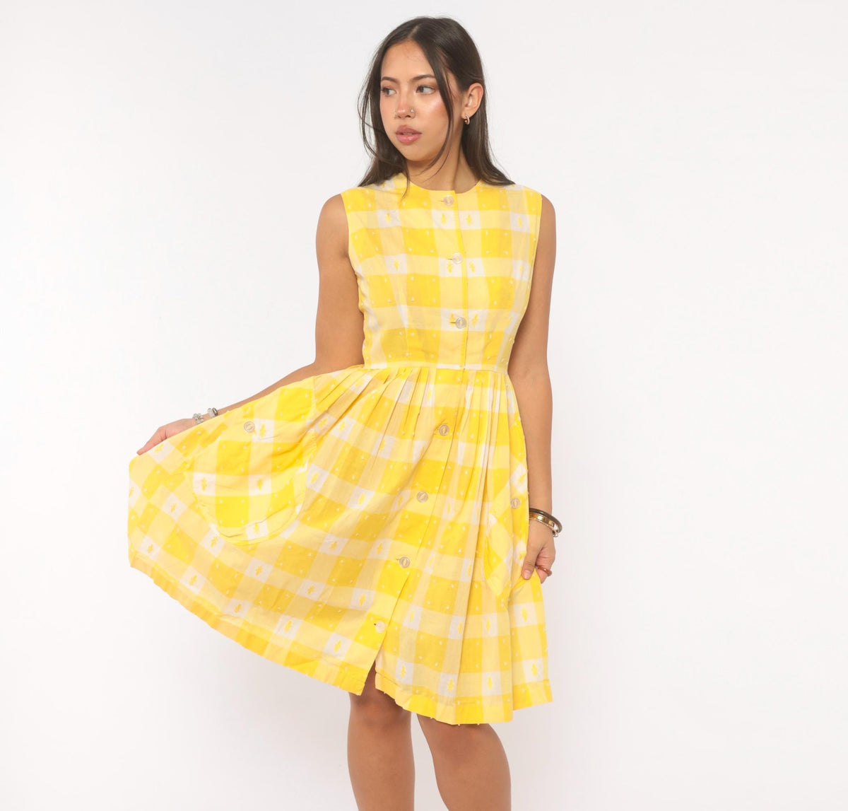 60s Yellow White Gingham Cotton Sundress Button Front Pleated Knee Length Extra Small