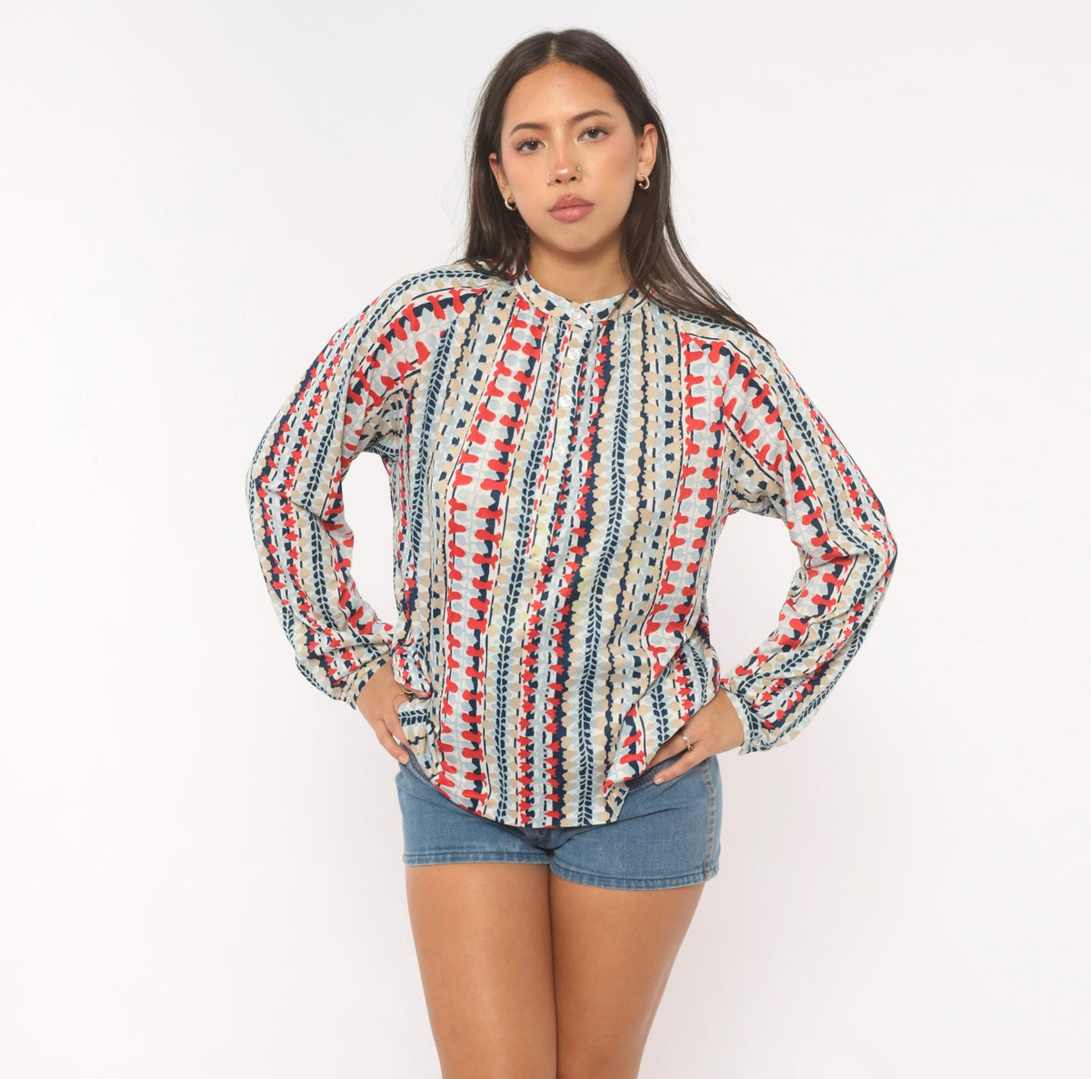 70s Cricket Lane Mandarin Collar Blouse Red Navy Leaf Print Medium