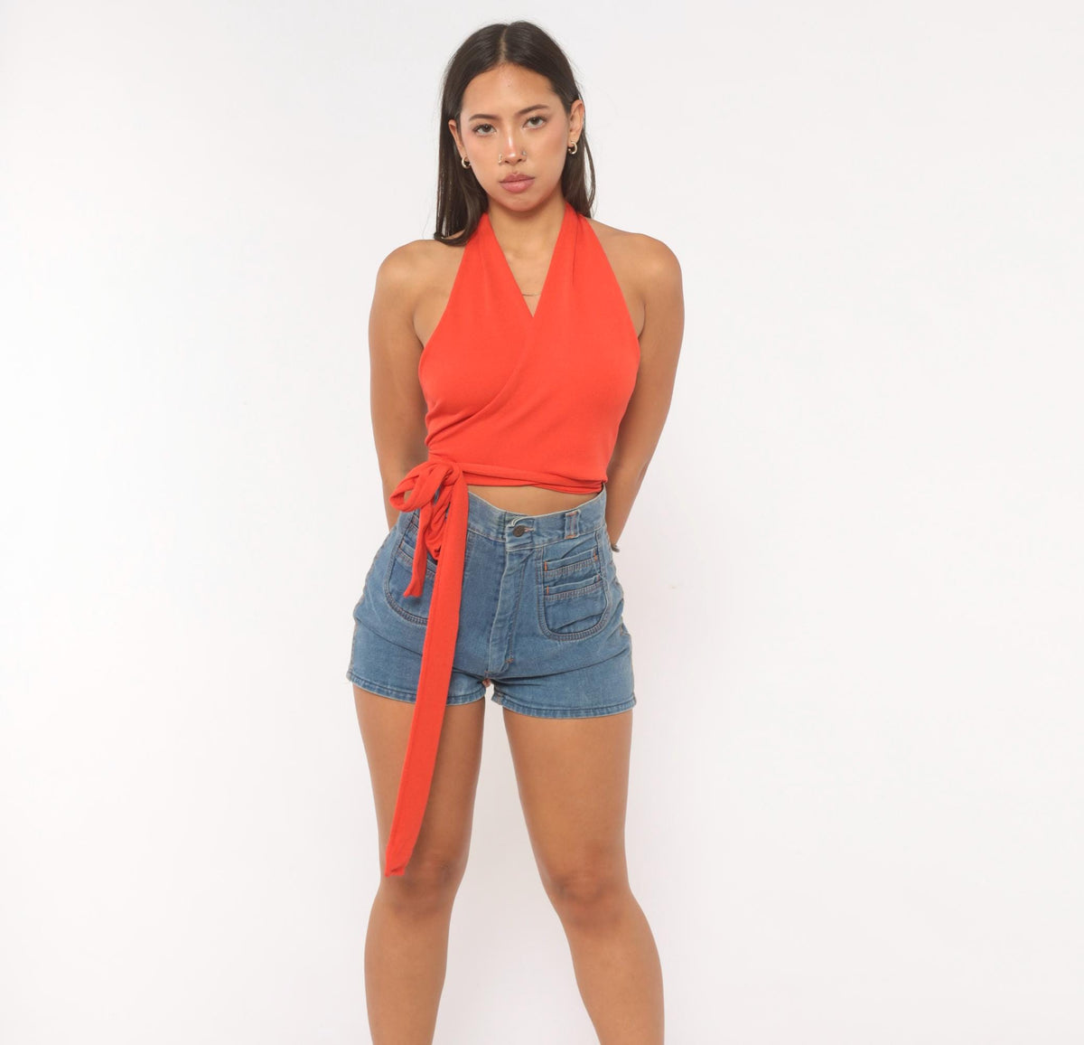 70s Crazy Horse Red Wrap Halter Crop Top Backless Surplice V-Neck Small