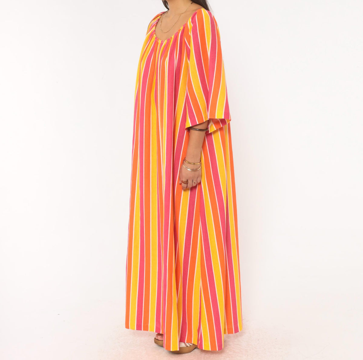 70s Striped Caftan Orange Pink Yellow Cotton Maxi Dress Flutter Sleeve Plus Size 3X