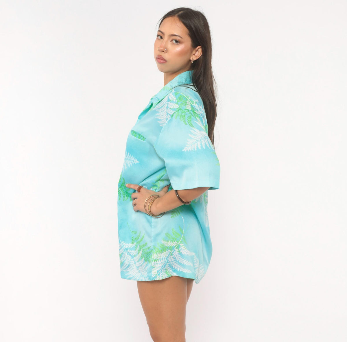 90s Malihini Hawaiian Shirt Fern Print Aqua Blue Green Leaf Camp Collar Medium