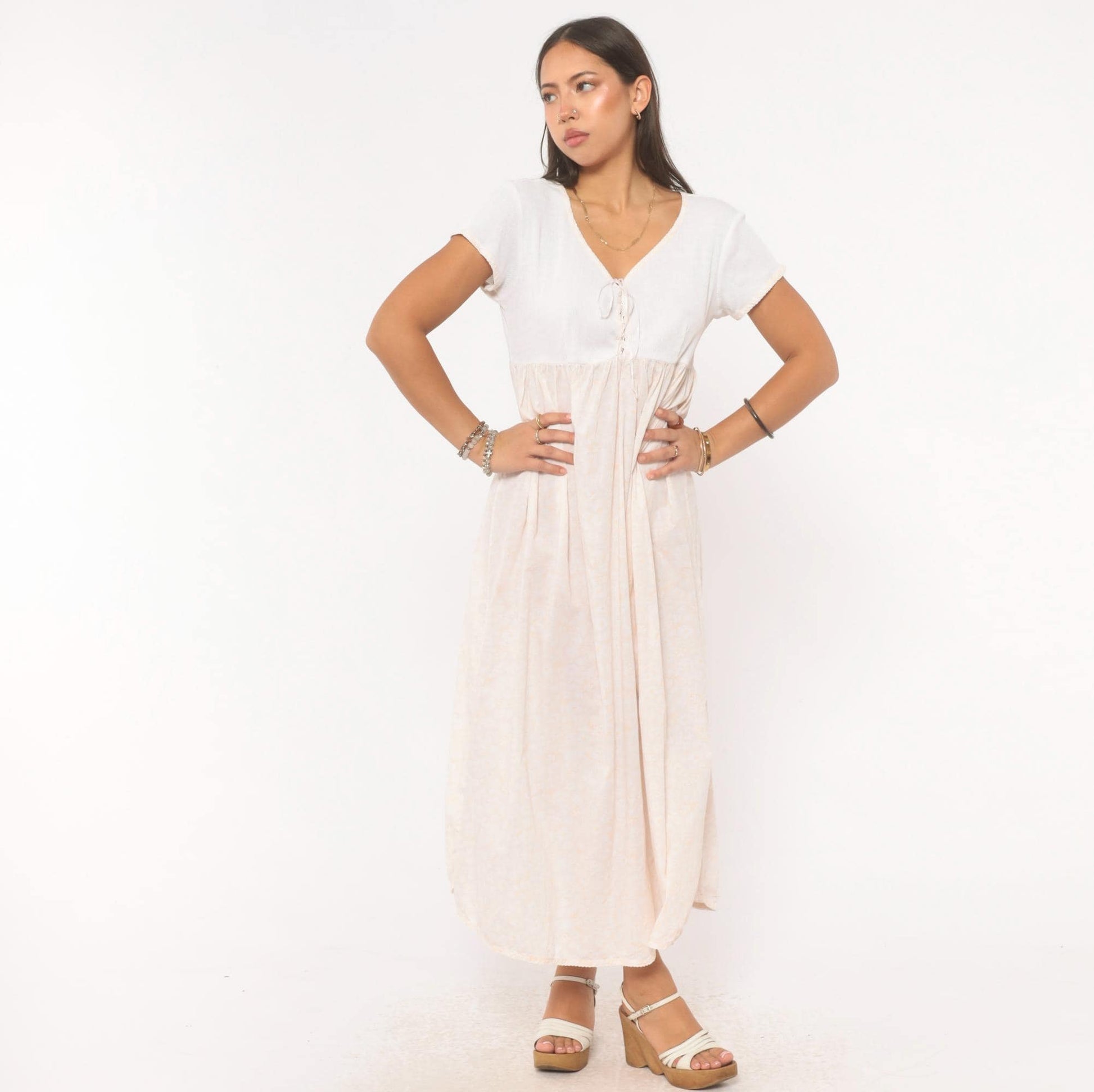 90s Victoria's Secret Floral Maxi Dress White Cotton Empire Waist Small S