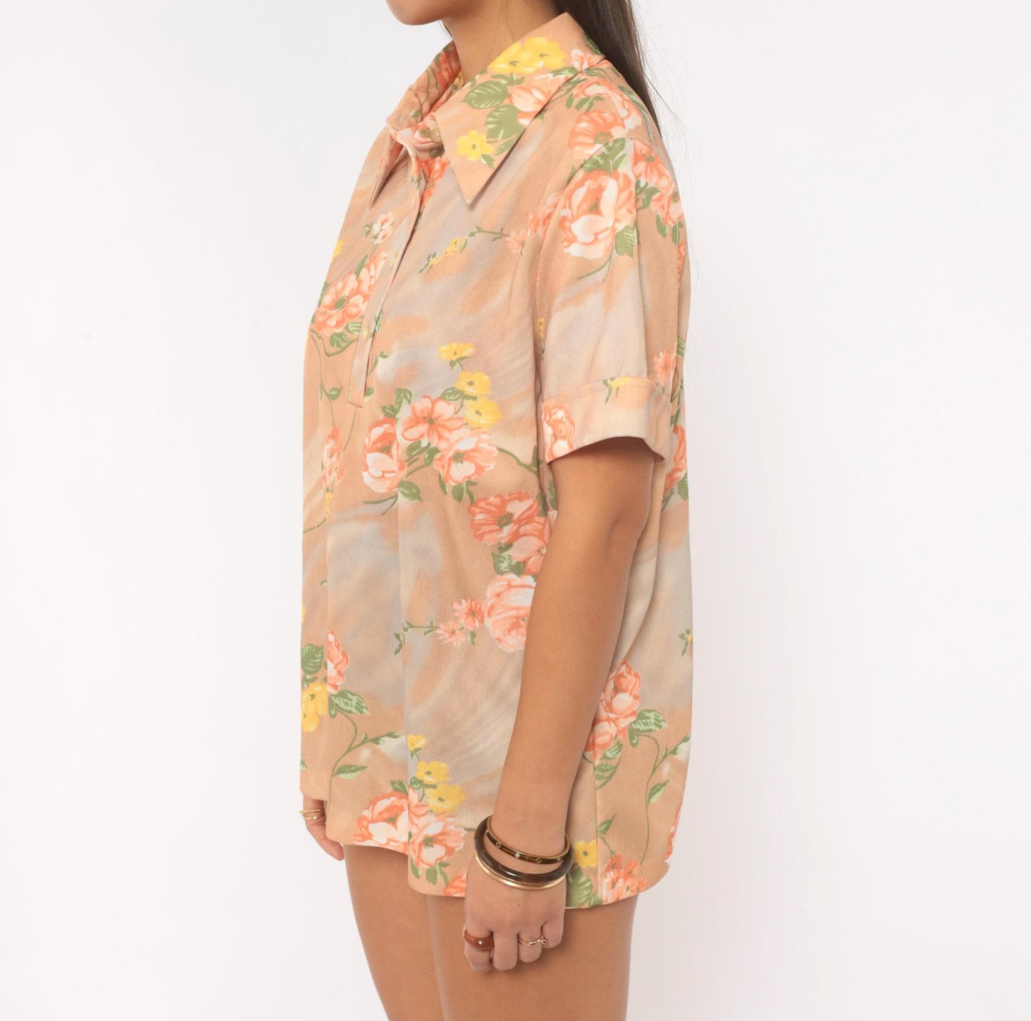 70s Floral Polo Shirt Peach Tan Rose Print Collared Pullover Large L