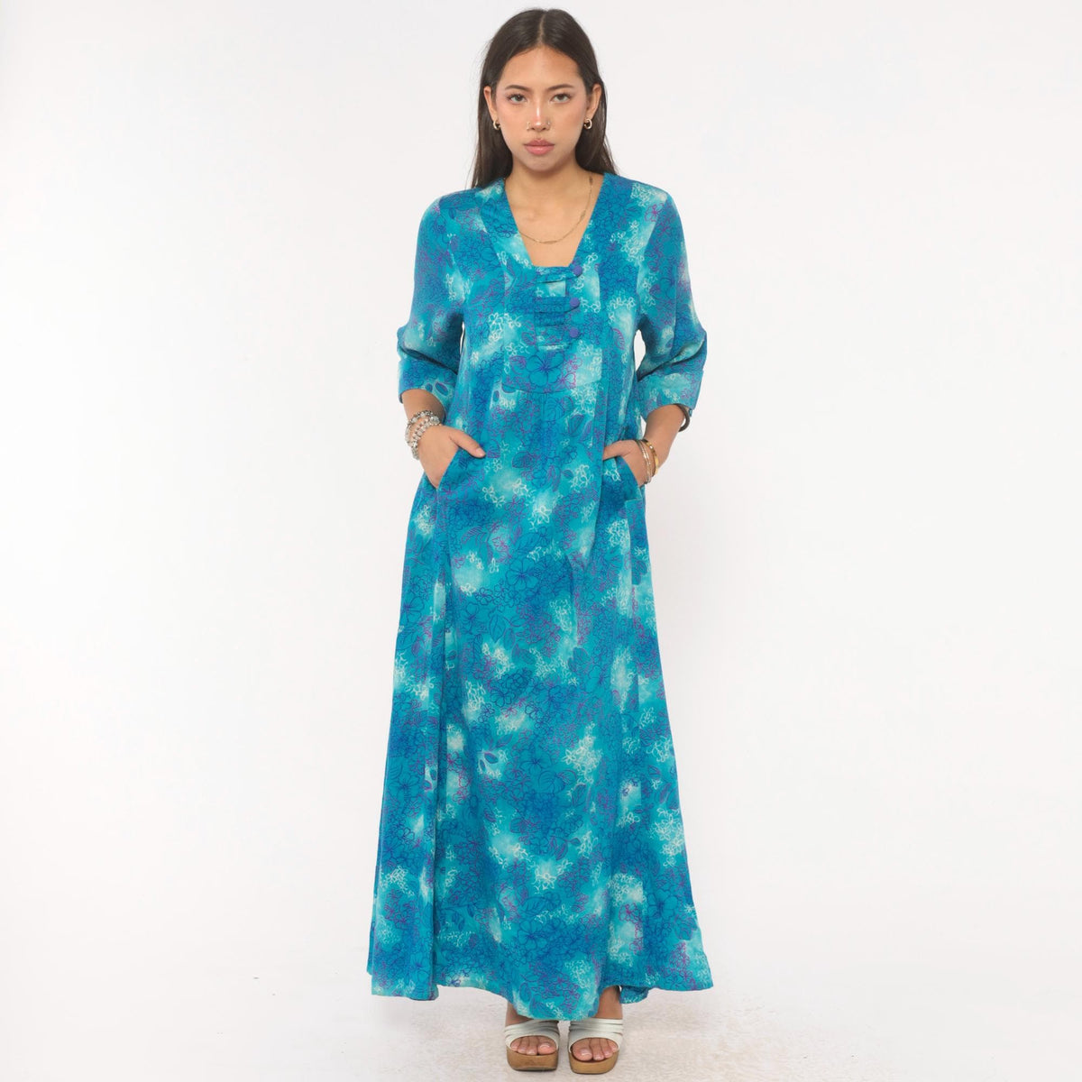 70s Psychedelic Floral Maxi Dress Blue Purple Teal Cotton Square Neck Medium