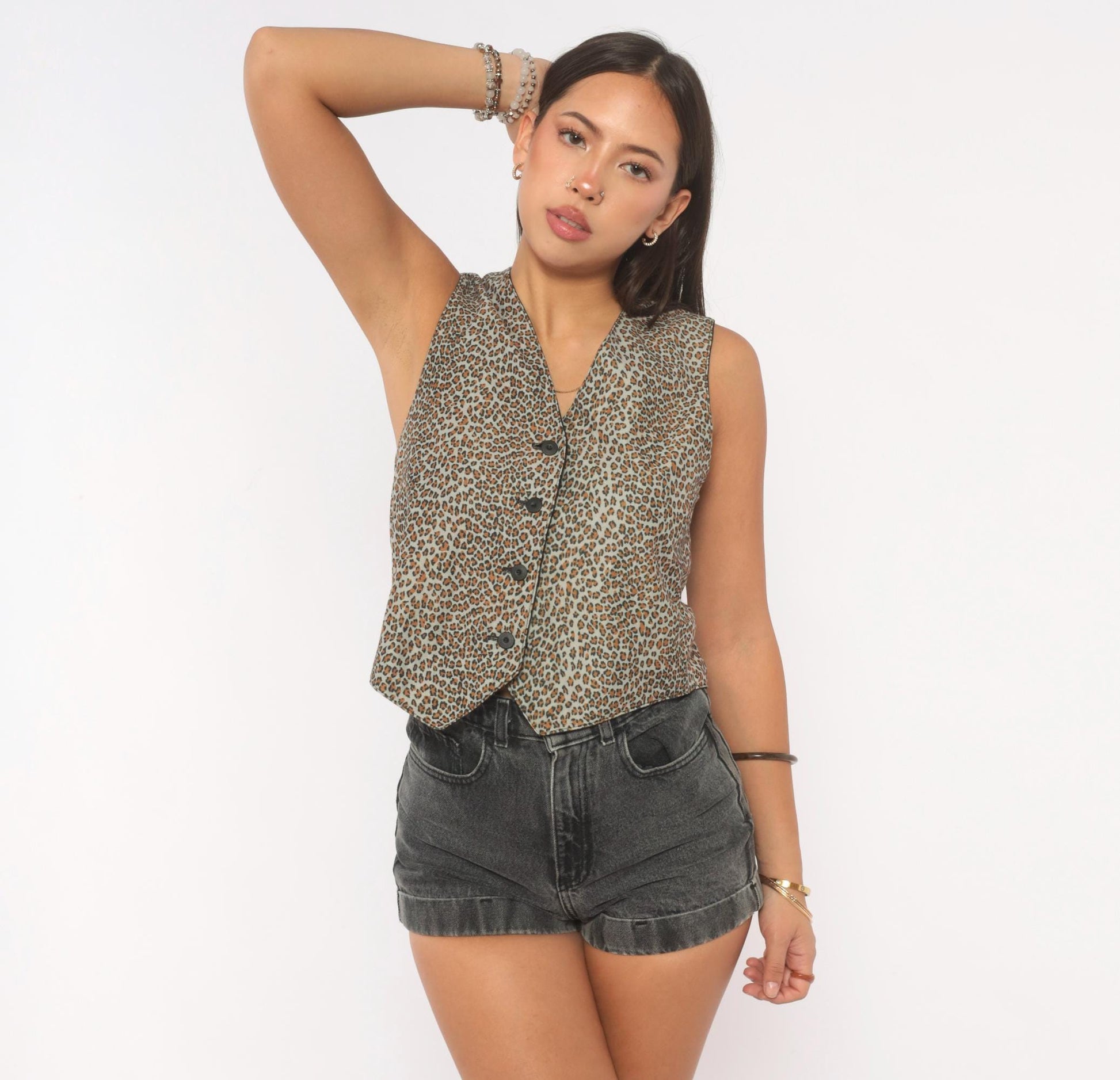 90s Reversible Leopard Cheetah Vest Black Tan Button Front V Neck Extra Small XS