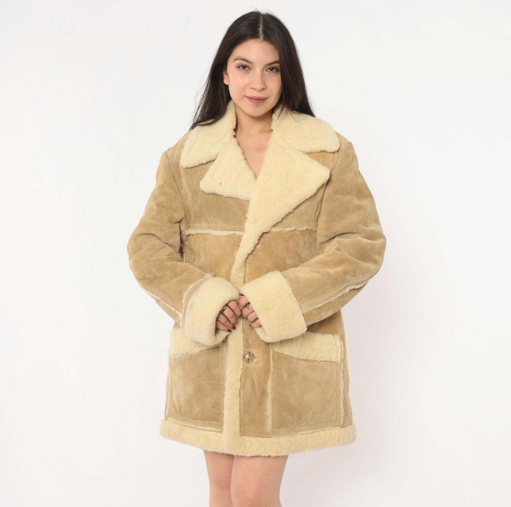 70s Tan Suede Shearling Jacket Wool Lined Cream Sherpa Collar Extra Large XL
