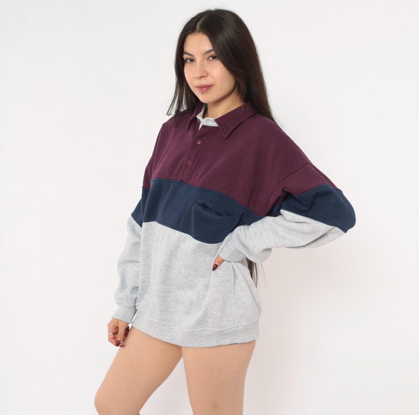 90s Greenline International Color Block Rugby Polo Burgundy Navy Medium
