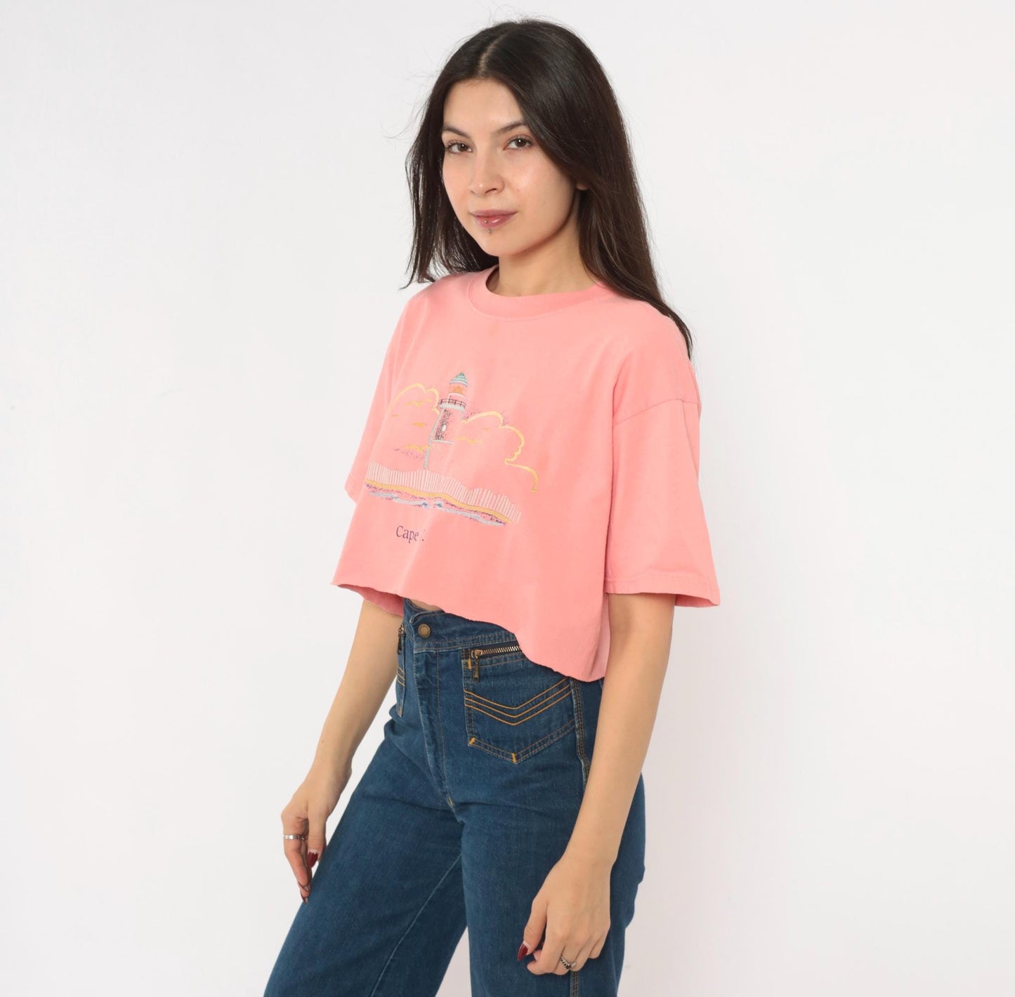 90s Anvil Lighthouse Cape May Crop Top Embroidered Cotton Pink Large L