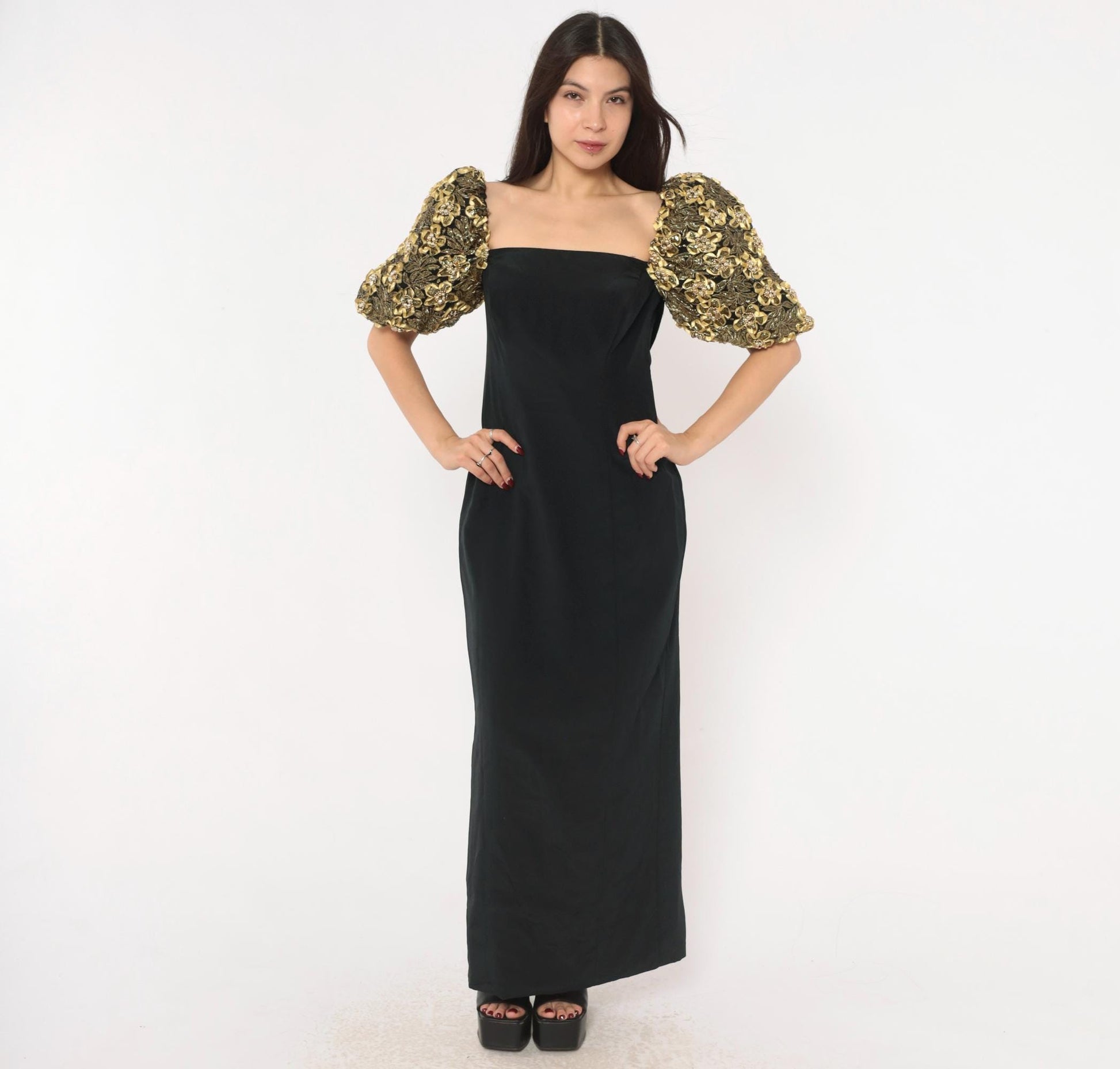 80s Eve of Milady Black Maxi Gown Gold Puff Sleeve Beaded Floral Medium