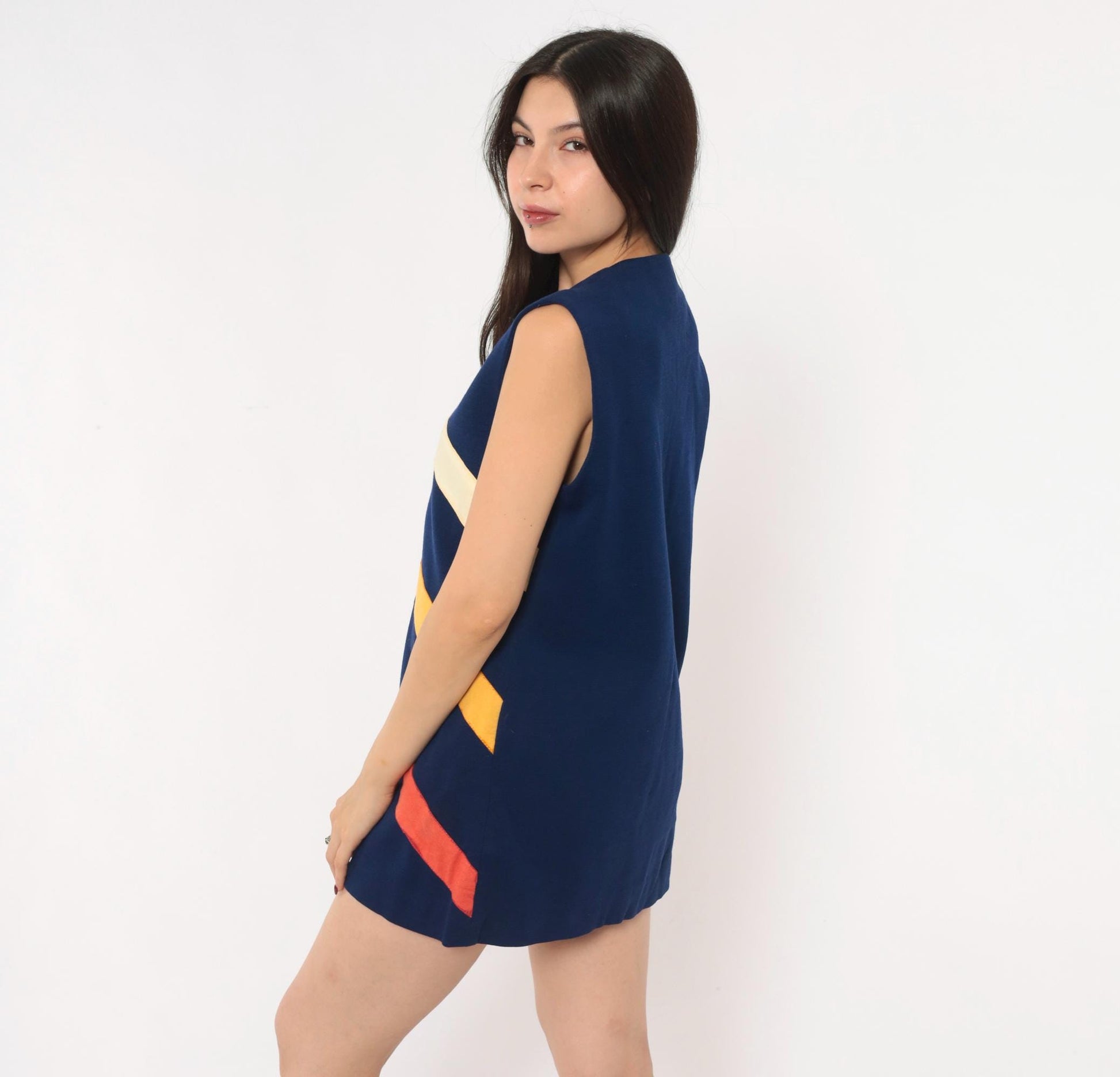 60s Di Costa Wool Chevron Stripe Mini Dress Navy Cream Gold Coral Zip Front Medium