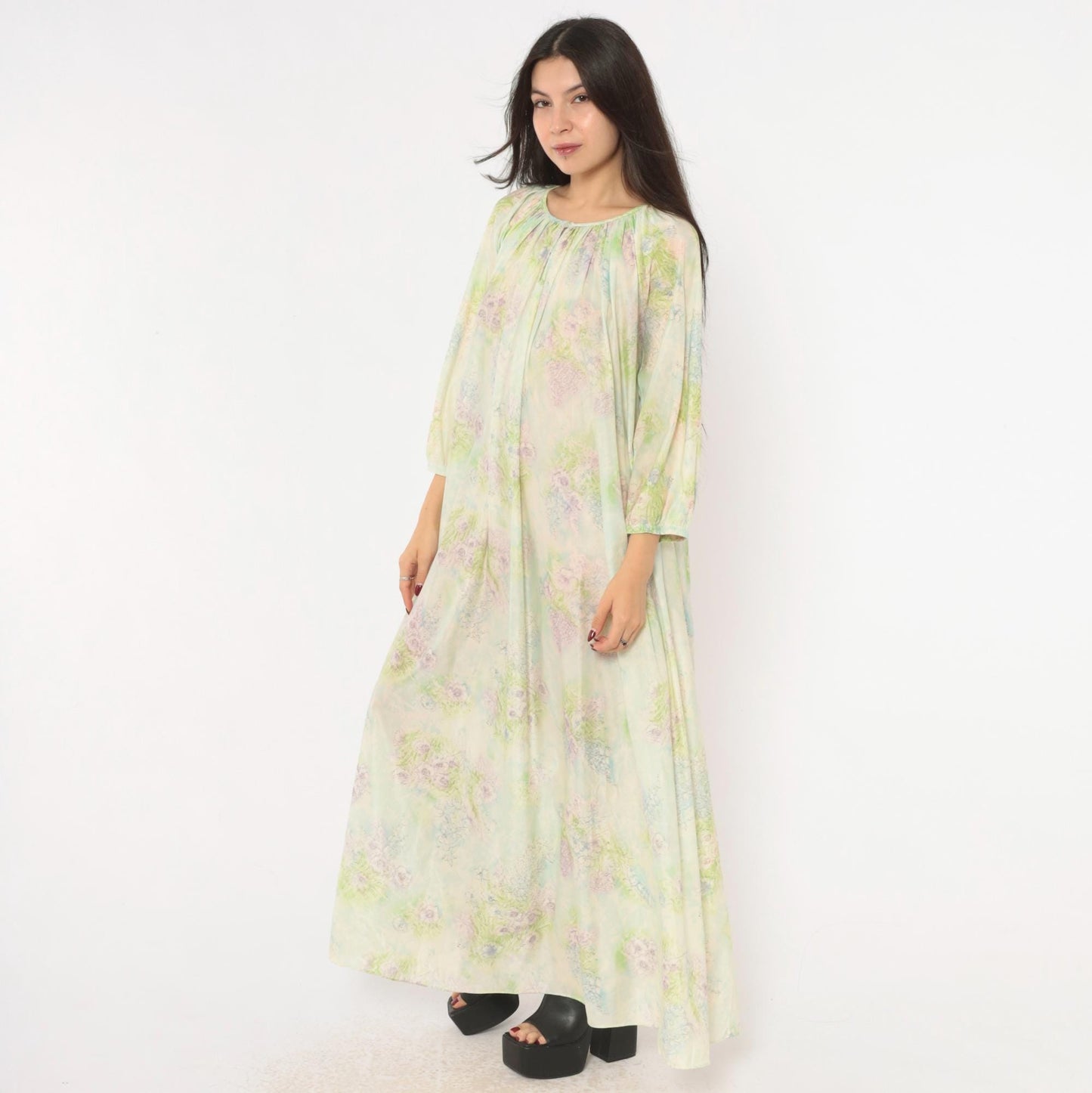 70s Floral Watercolor Maxi Nightgown Lavender Pink Blue Balloon Sleeve Medium M