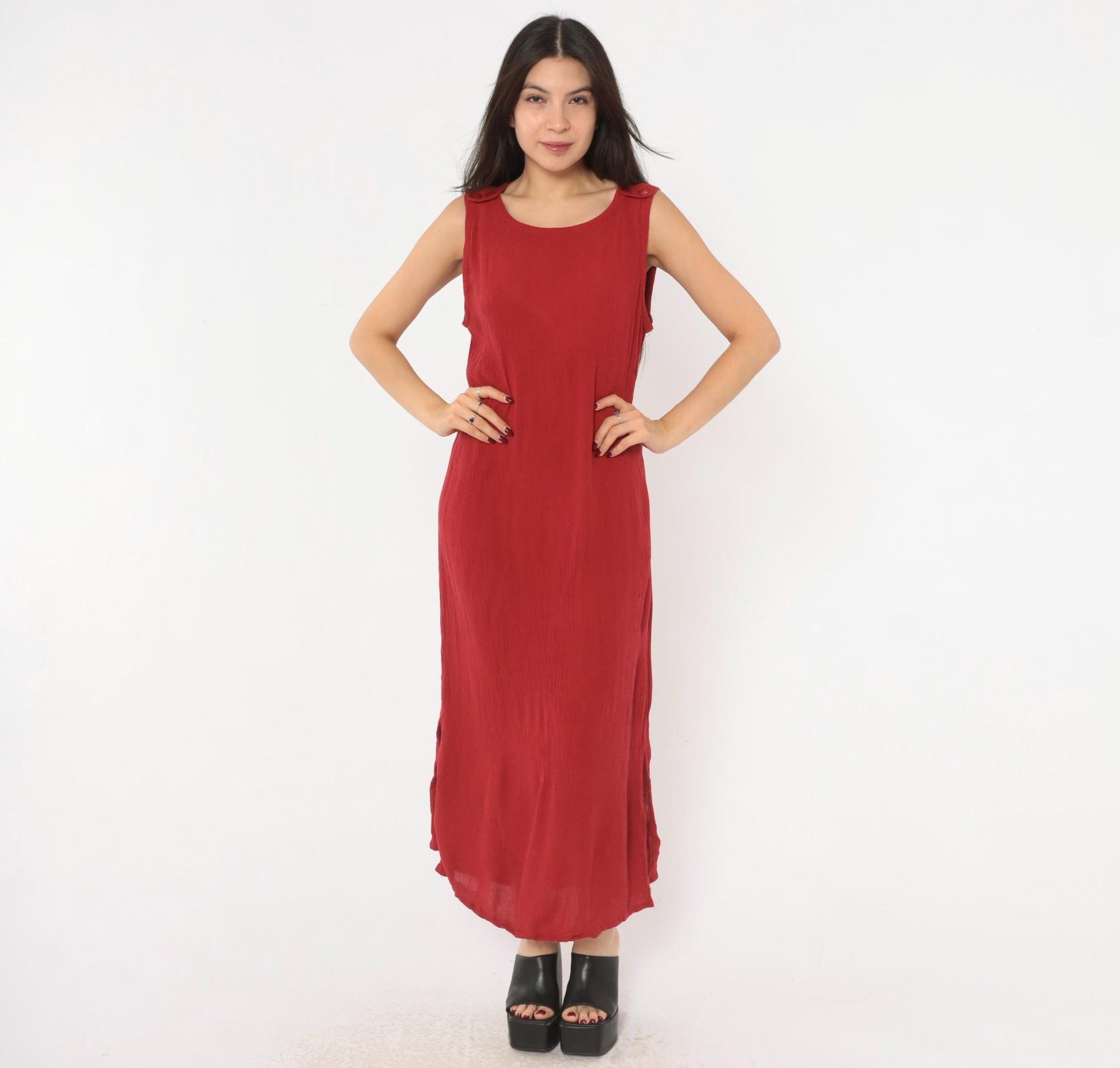 90s Sag Harbor Cranberry Maxi Dress Sleeveless Shoulder Buttons Extra Large