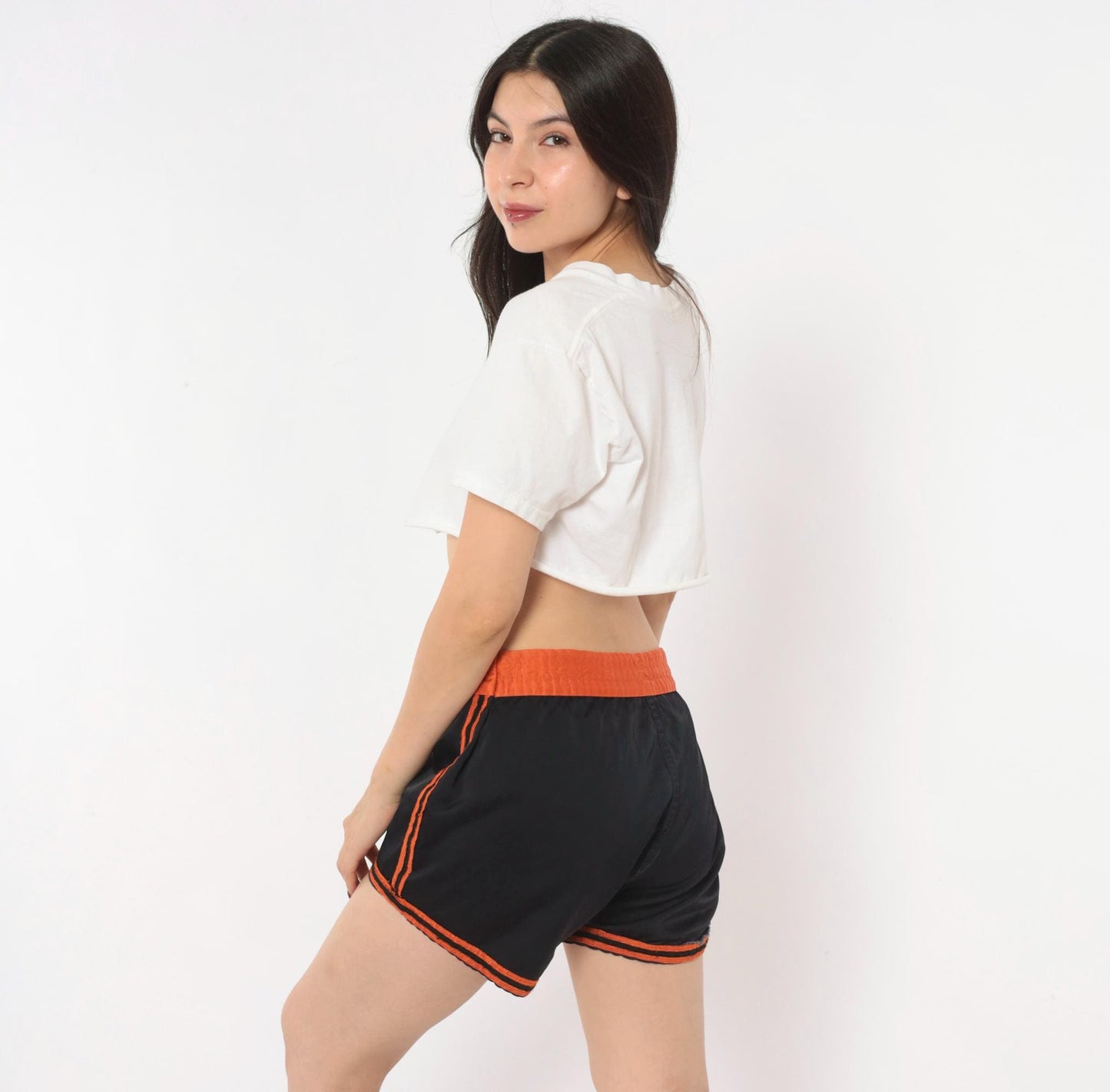 70s Mason Black Athletic Shorts Orange Stripe High-Waist Dolphin Medium M