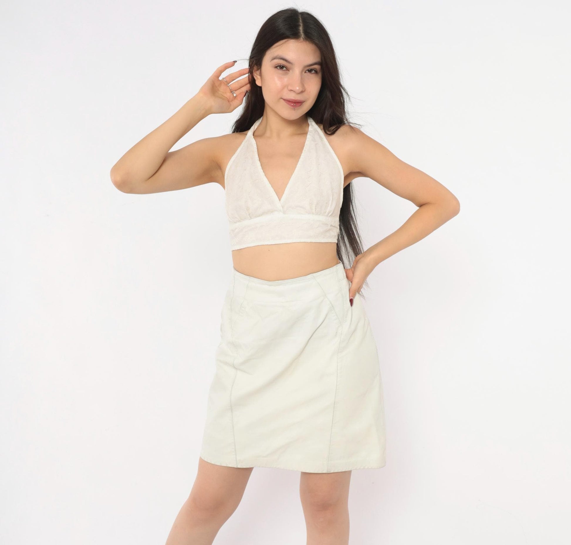 80s Ivory Leather Mini Skirt A-Line High Waist Paneled Seam Detail Small S