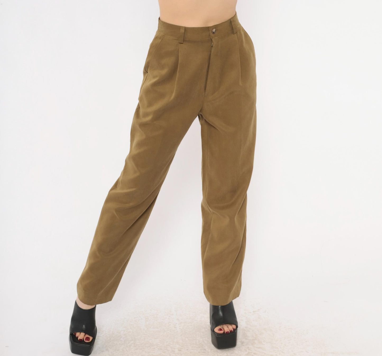 90s Pleated High-Waist Trousers Olive Tapered Leg Front Pleat Extra Small XS