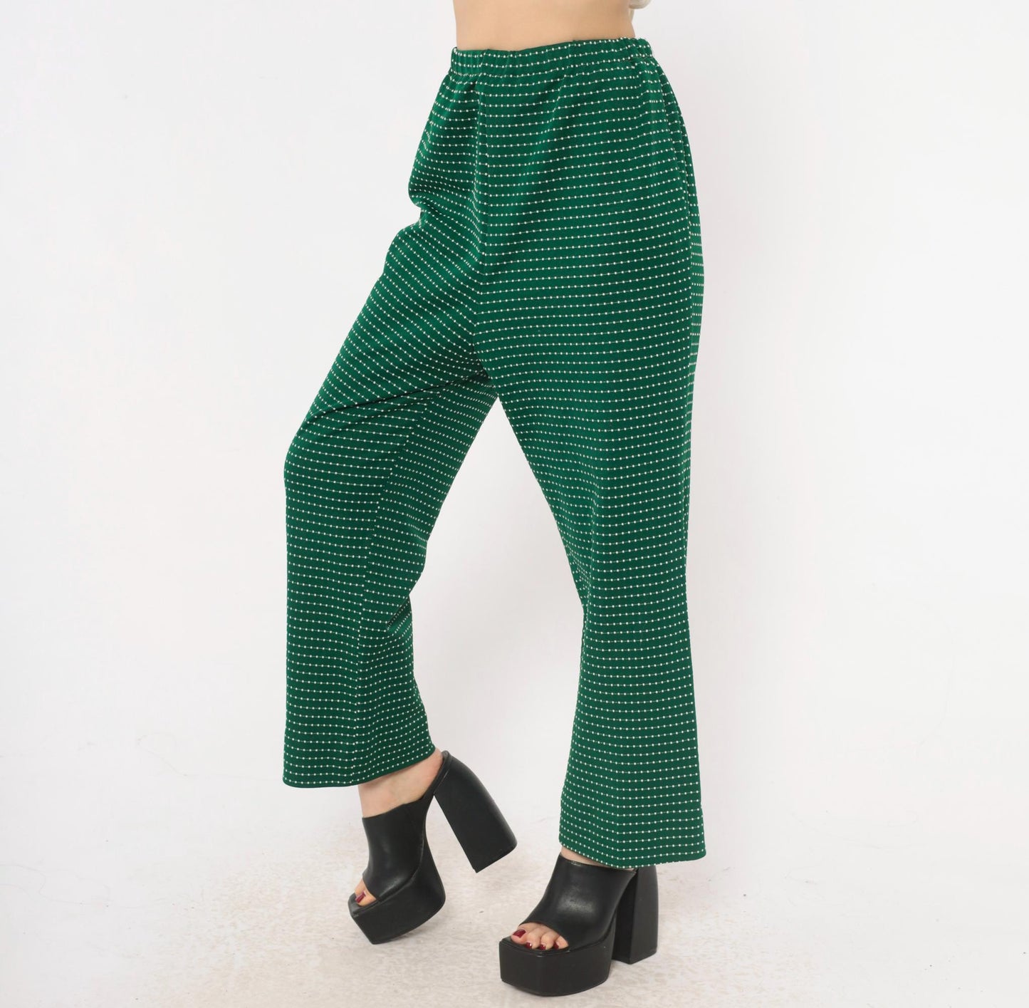 70s Green White Dotted Stripe Pull-On Trousers High Rise Wide Leg Small Medium