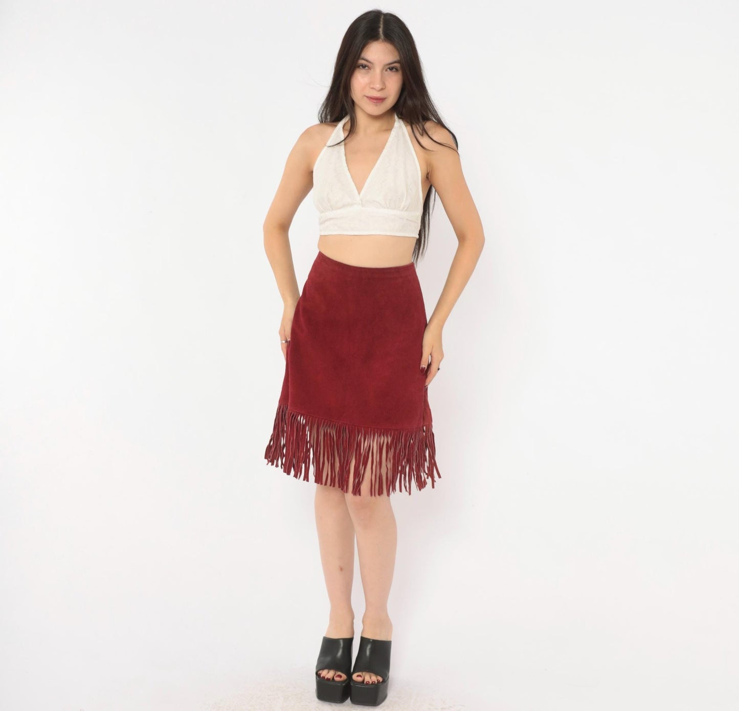 80s Passport Burgundy Suede Fringe A-Line Skirt High Waist Knee Length Large