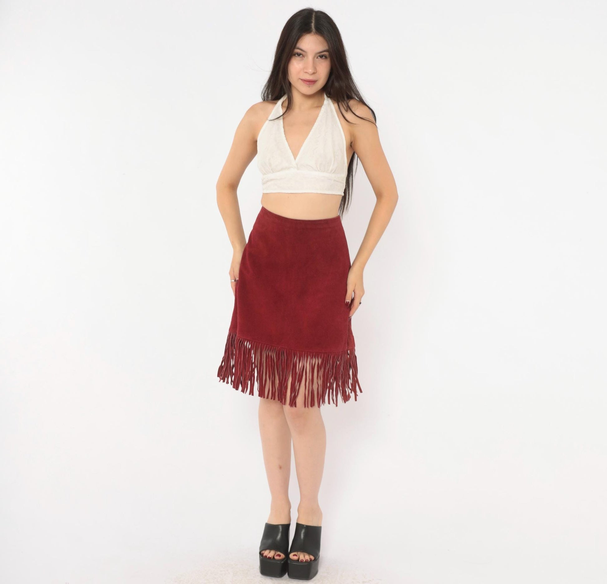 80s Passport Burgundy Suede Fringe A-Line Skirt High Waist Knee Length Large