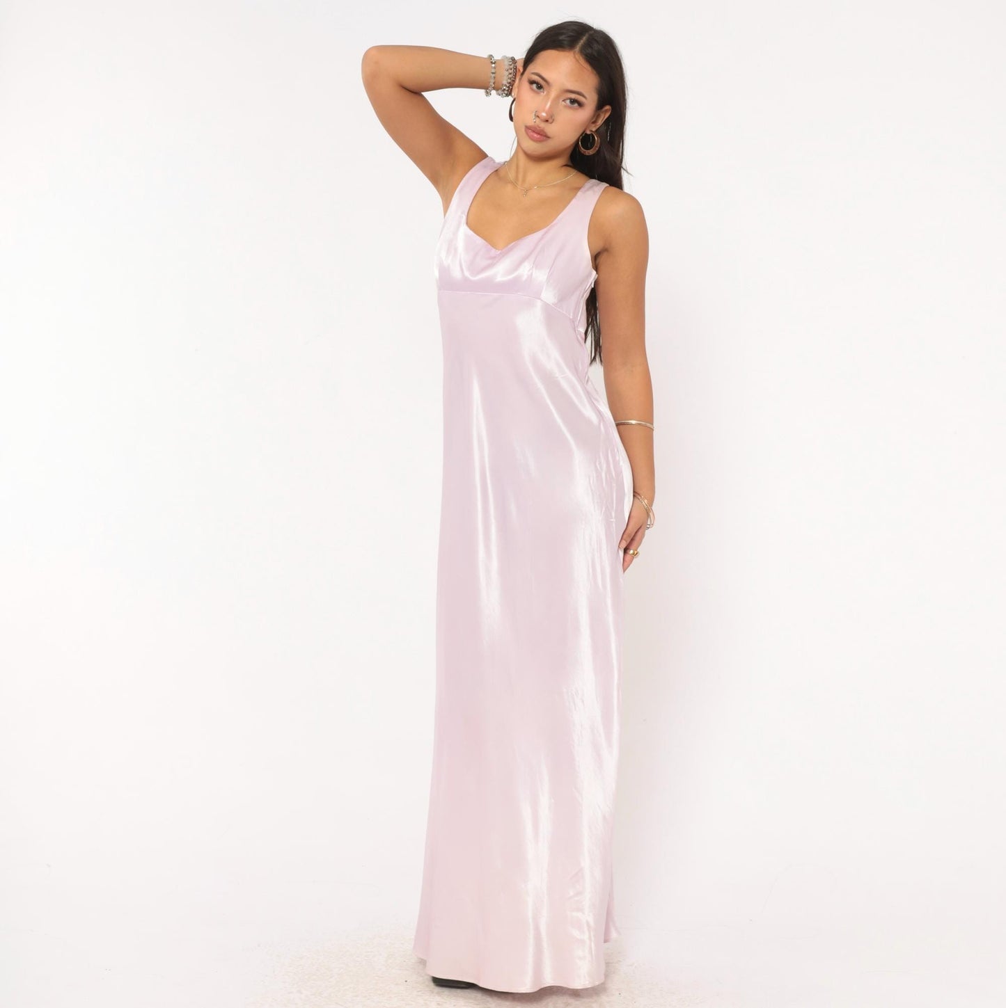 90s Niki Originals Lilac Satin Maxi Gown Sweetheart Neckline Lace-Up Back Medium M