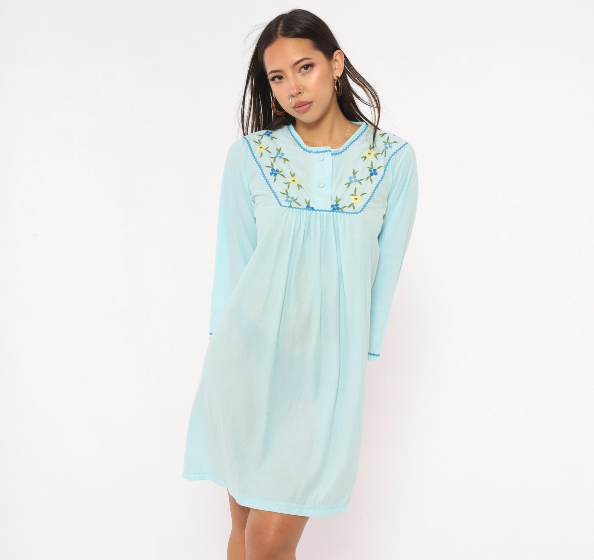80s Sears Embroidered Floral Nightgown Baby Blue Button Front Mini Small