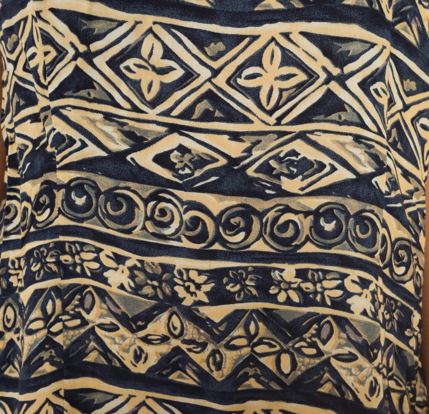 00s Maggy London Tribal Print Midi Dress Navy Cream Geometric Scoop Neck Large L