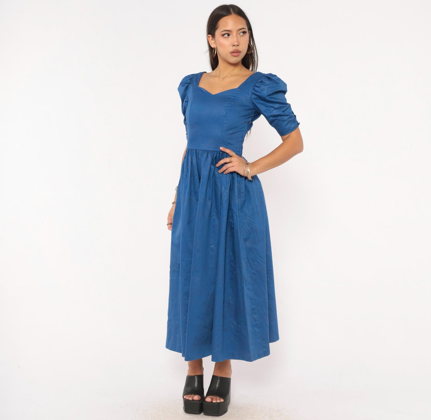 80s Laura Ashley Midi Dress Blue Cotton Puff Sleeve Sweetheart Neckline Extra Small XS