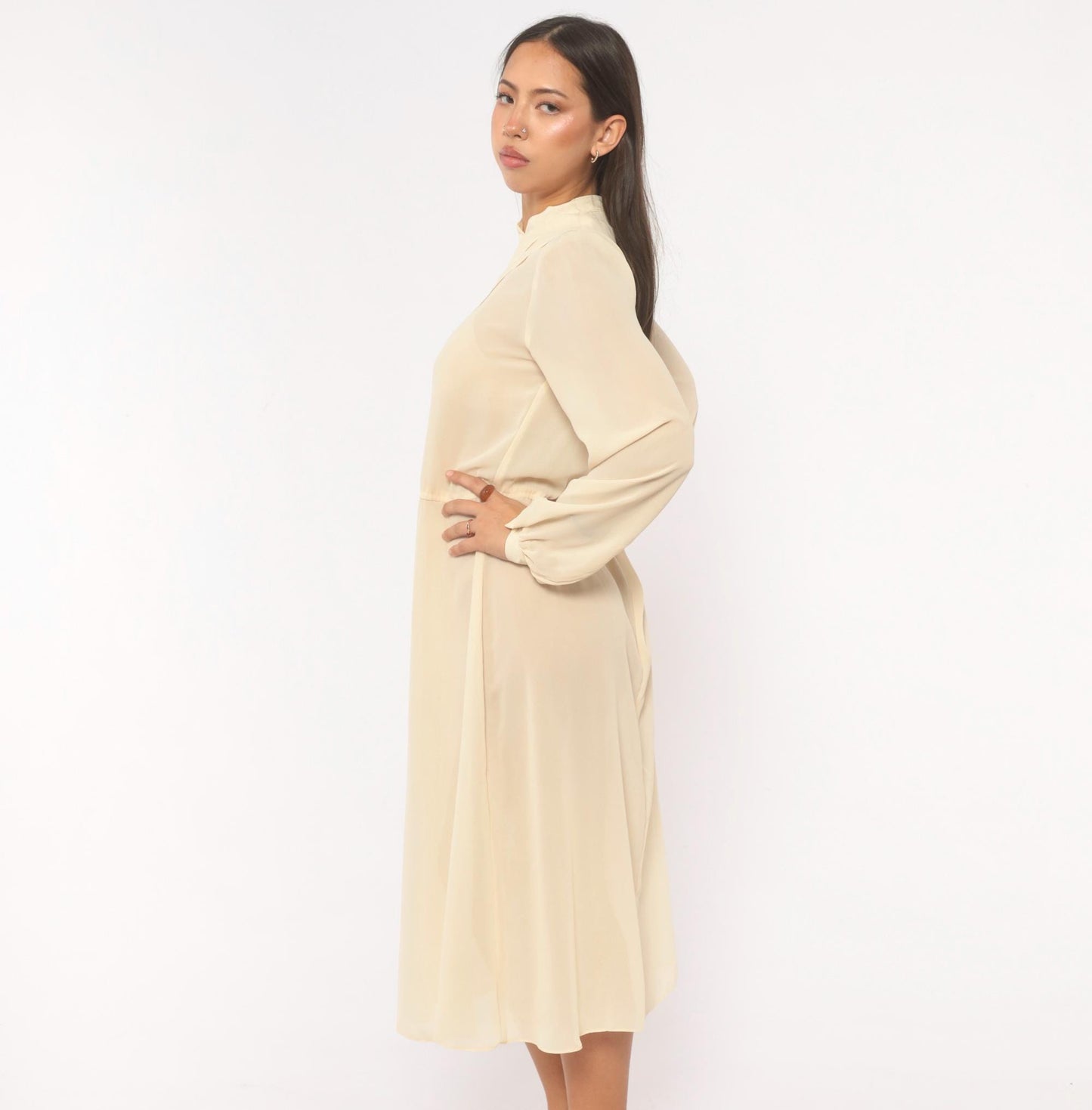 70s Jimmy Los Angeles Cream Chiffon Midi Dress Mandarin Collar Medium M