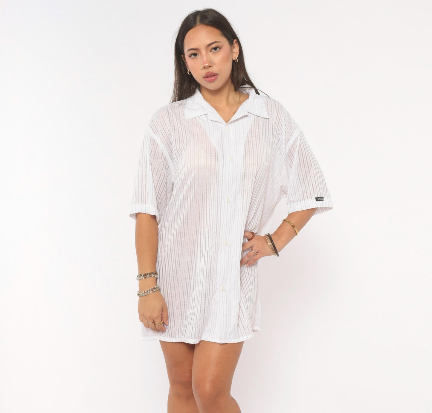 Y2K Solo White Striped Camp Collar Shirt Short Sleeve Plus Size 2X