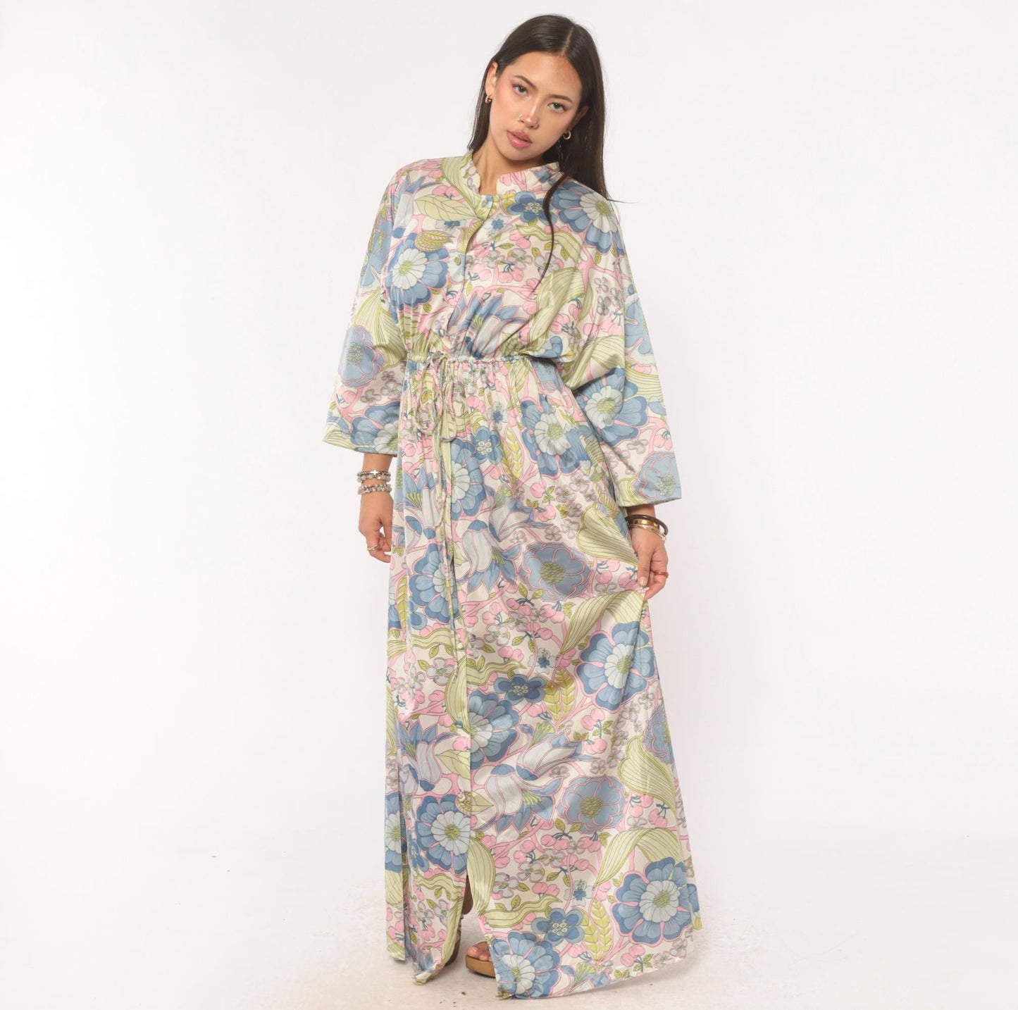 70s Vanity Fair Psychedelic Floral Maxi Dress Nylon Kimono Sleeve Medium
