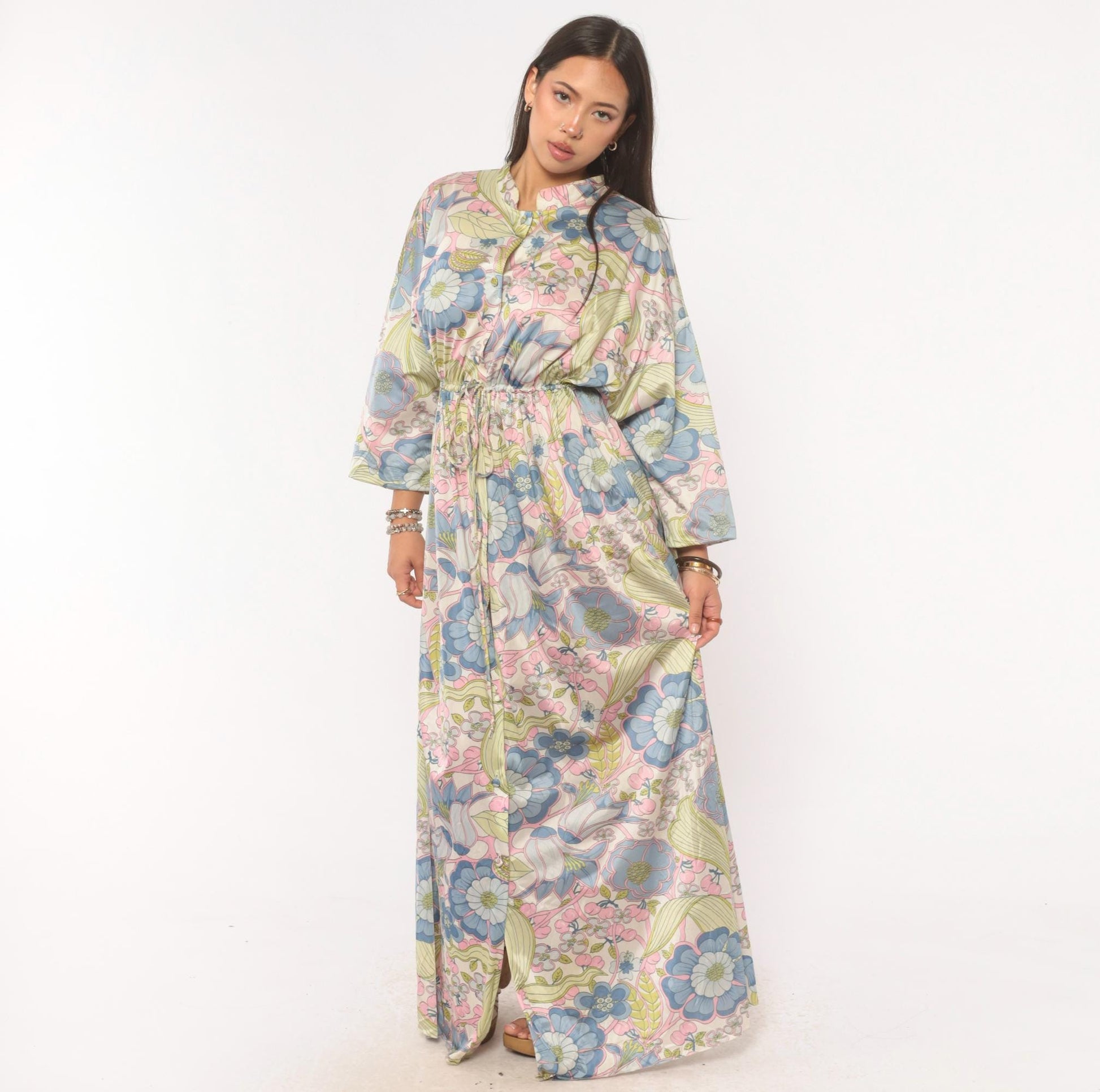 70s Vanity Fair Psychedelic Floral Maxi Dress Nylon Kimono Sleeve Medium