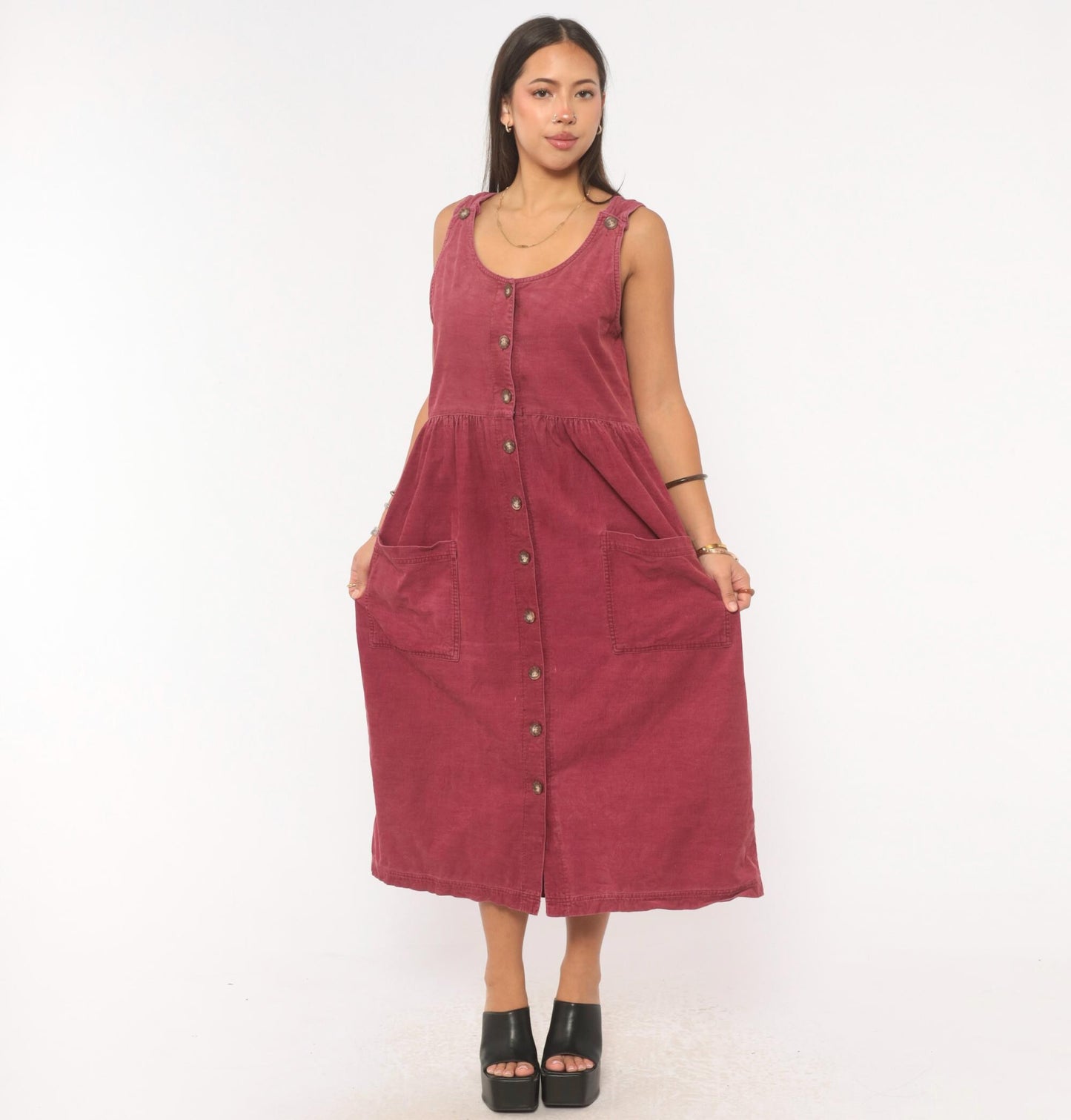 90s J.G. Hook Mauve Corduroy Jumper Dress Button Front Midi Medium M