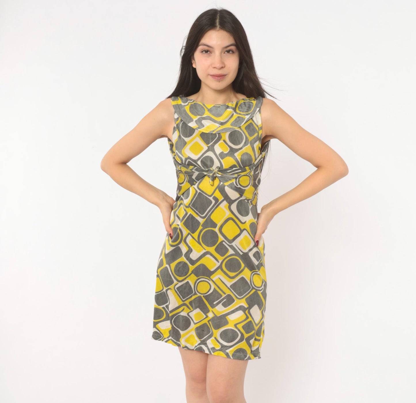 1960s Space Age Mod Mini Dress Yellow Grey Geometric Print Tie Waist Extra Small XS