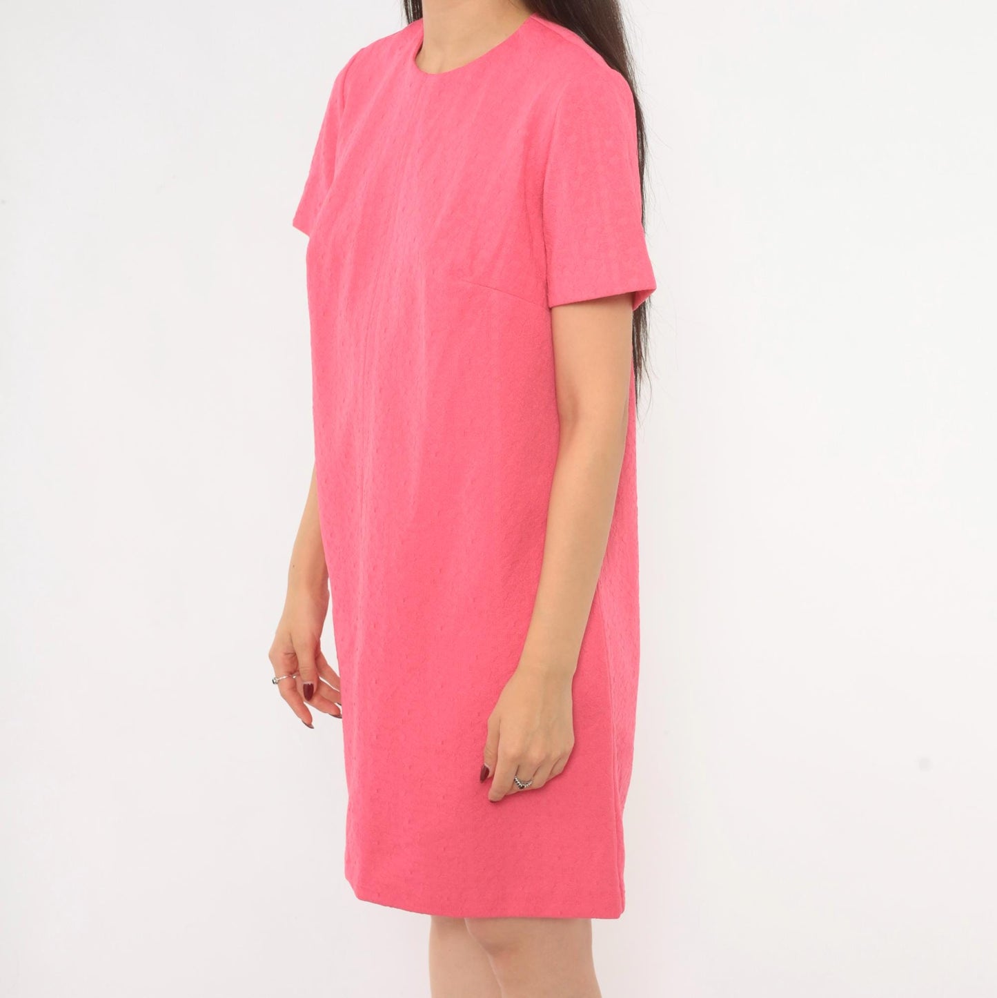 70s Hot Pink Shift Dress Jacquard Crew Neck A-Line Knee Length Medium M
